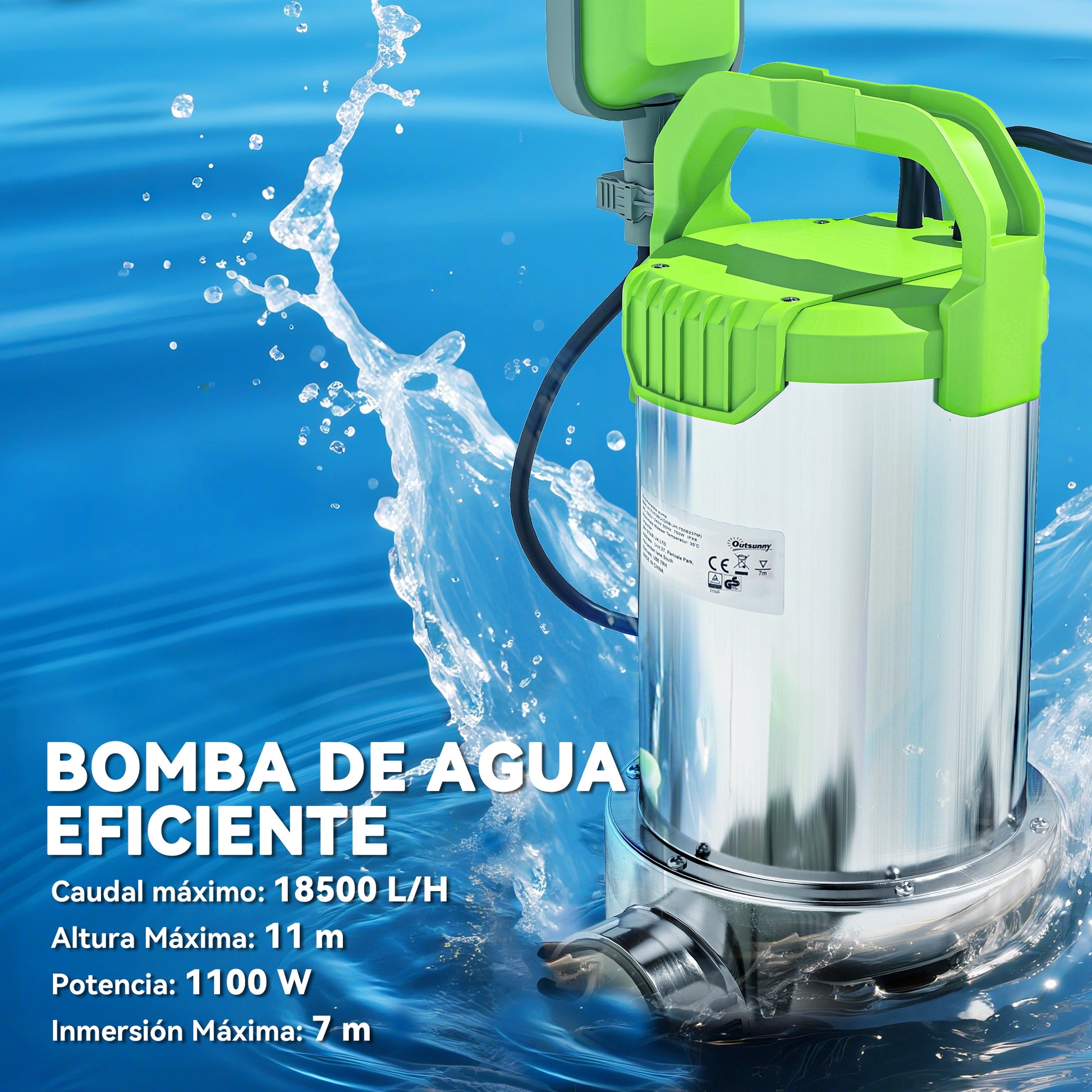 Outsunny Bomba de Aguas Sucias 1100W Bomba Sumergible de Aguas Residuales con Capacidad de 18000 l/h Interruptor de Flotador y Conector Universal para Drenaje de Piscinas Estanques Bañeras