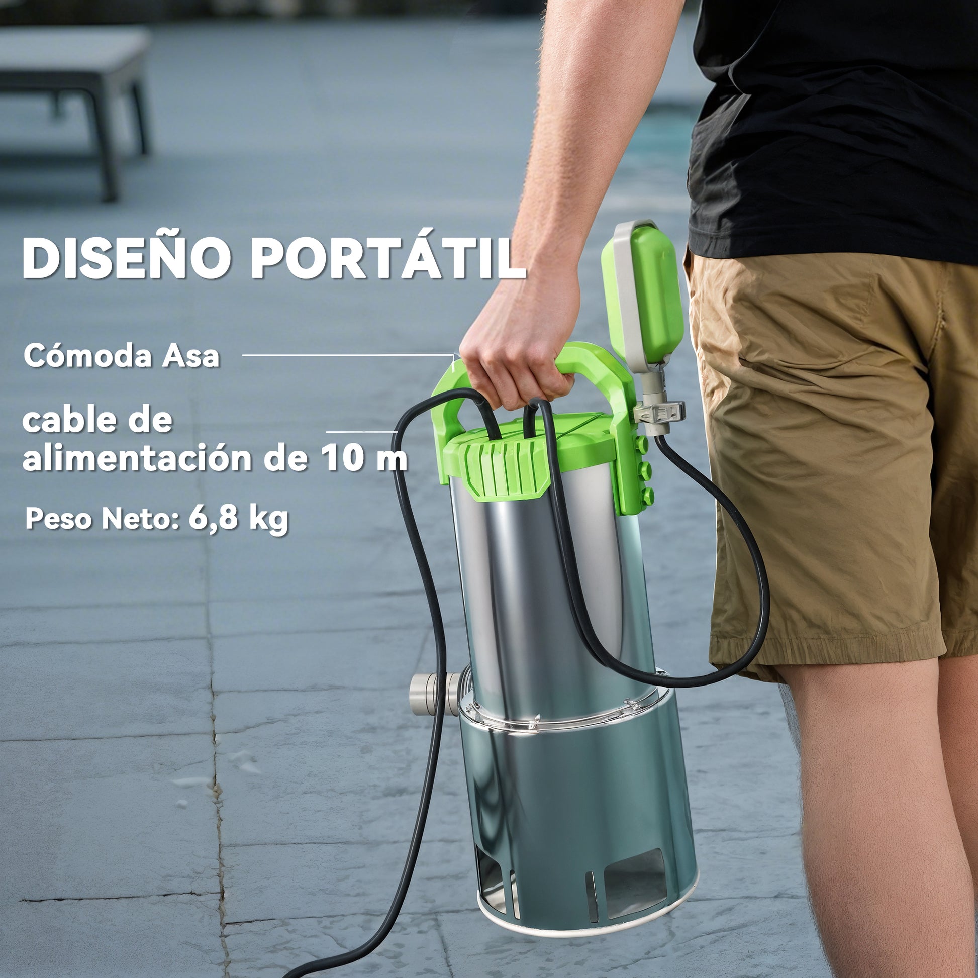 Outsunny Bomba de Aguas Sucias 1100W Bomba Sumergible de Aguas Residuales con Capacidad de 18000 l/h Interruptor de Flotador y Conector Universal para Drenaje de Piscinas Estanques Bañeras