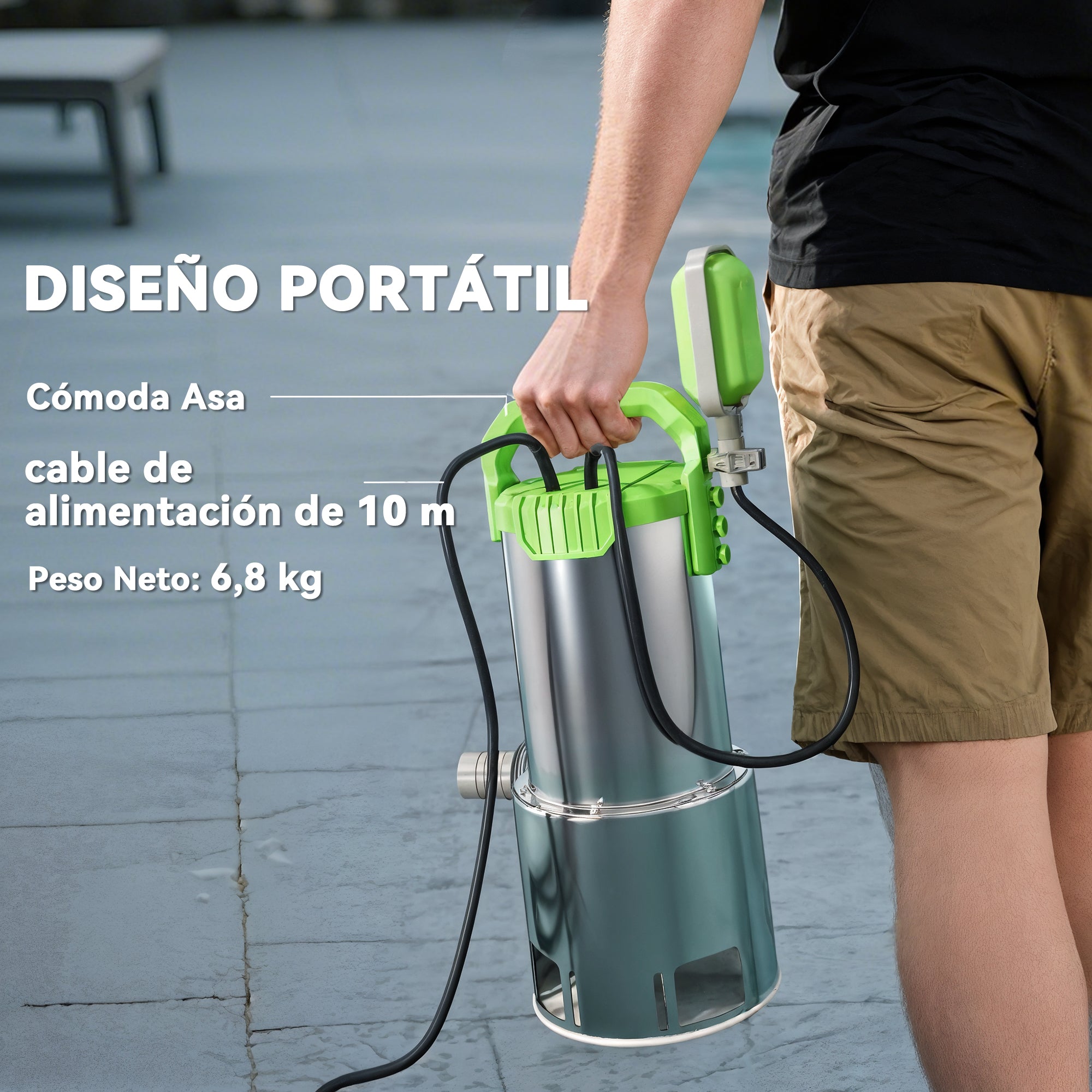 Outsunny Bomba de Aguas Sucias 1100W Bomba Sumergible de Aguas Residuales con Capacidad de 18000 l/h Interruptor de Flotador y Conector Universal para Drenaje de Piscinas Estanques Bañeras