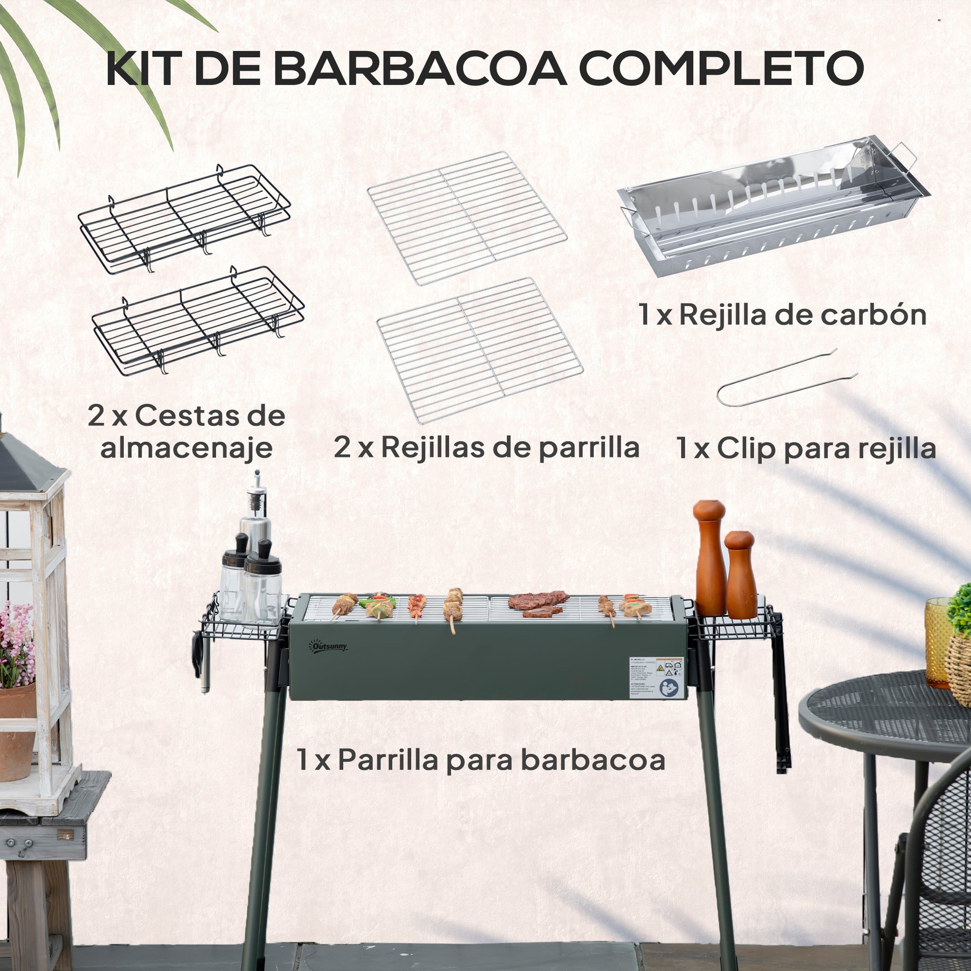 Outsunny Barbacoa de Carbón Barbacoa Portátil 94x39x70 cm con 2 Parrillas de Acero Inoxidable y 2 Especieros para Acampar Picnic Camping Jardín Verde Oliva