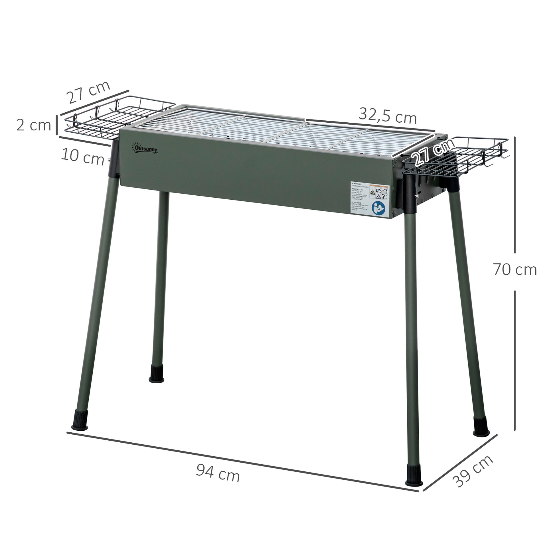 Outsunny Barbacoa de Carbón Barbacoa Portátil 94x39x70 cm con 2 Parrillas de Acero Inoxidable y 2 Especieros para Acampar Picnic Camping Jardín Verde Oliva