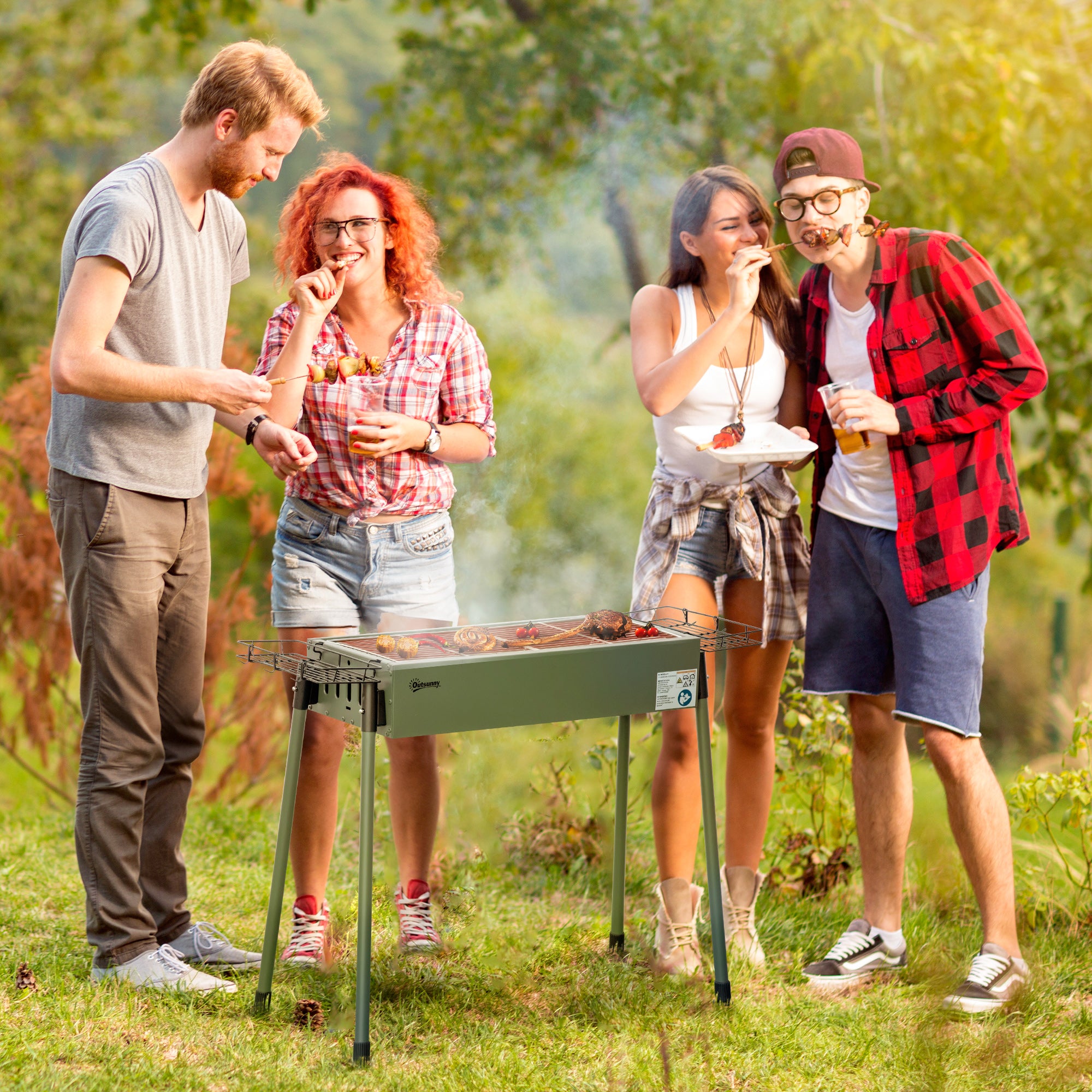 Outsunny Barbacoa de Carbón Barbacoa Portátil 94x39x70 cm con 2 Parrillas de Acero Inoxidable y 2 Especieros para Acampar Picnic Camping Jardín Verde Oliva