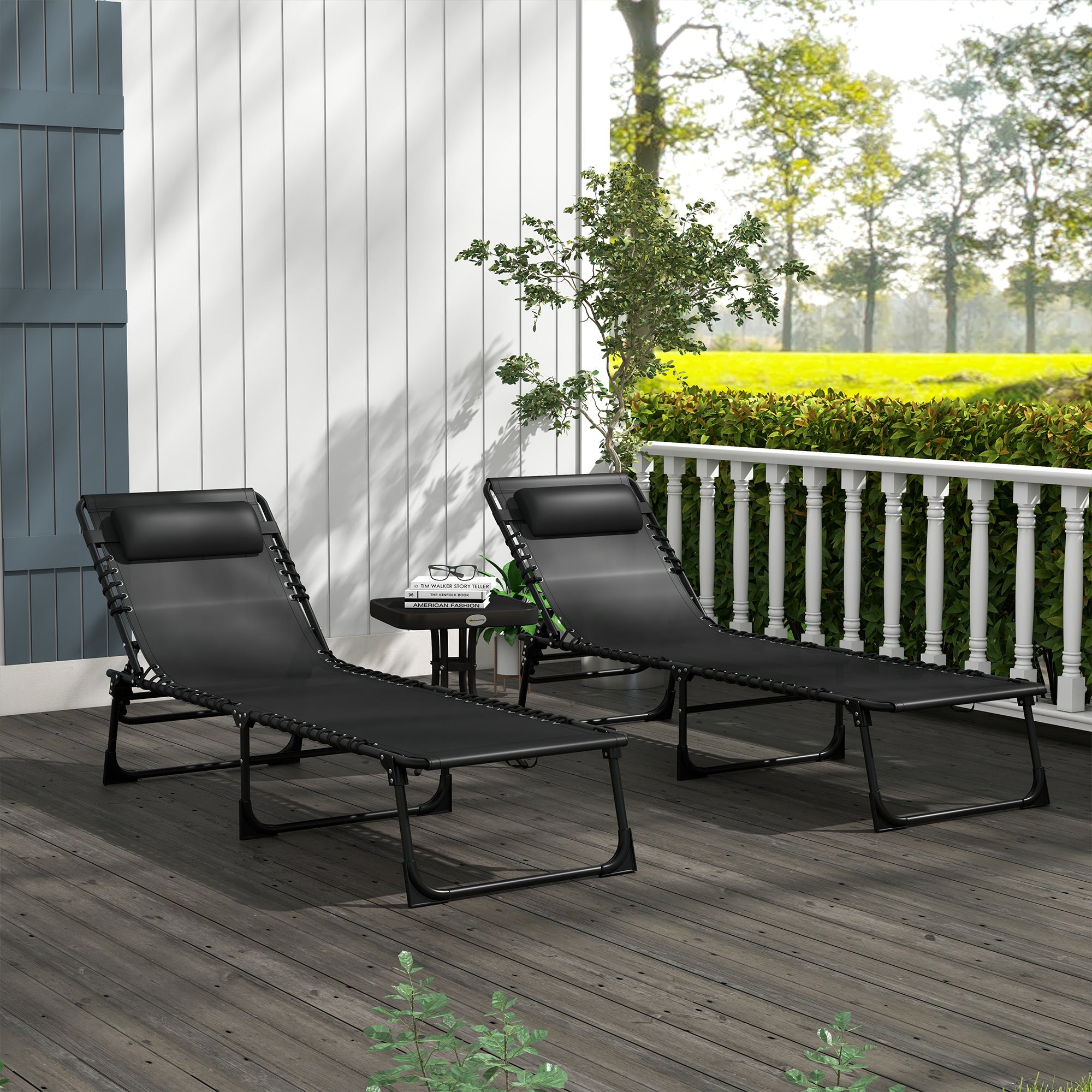 Outsunny Conjunto de 2 Tumbonas Plegables Tumbonas de Jardín Reclinables con Respaldo Ajustable en 4 Posiciones Carga 120 kg para Terraza Piscina Playa 197x58x30 cm Negro