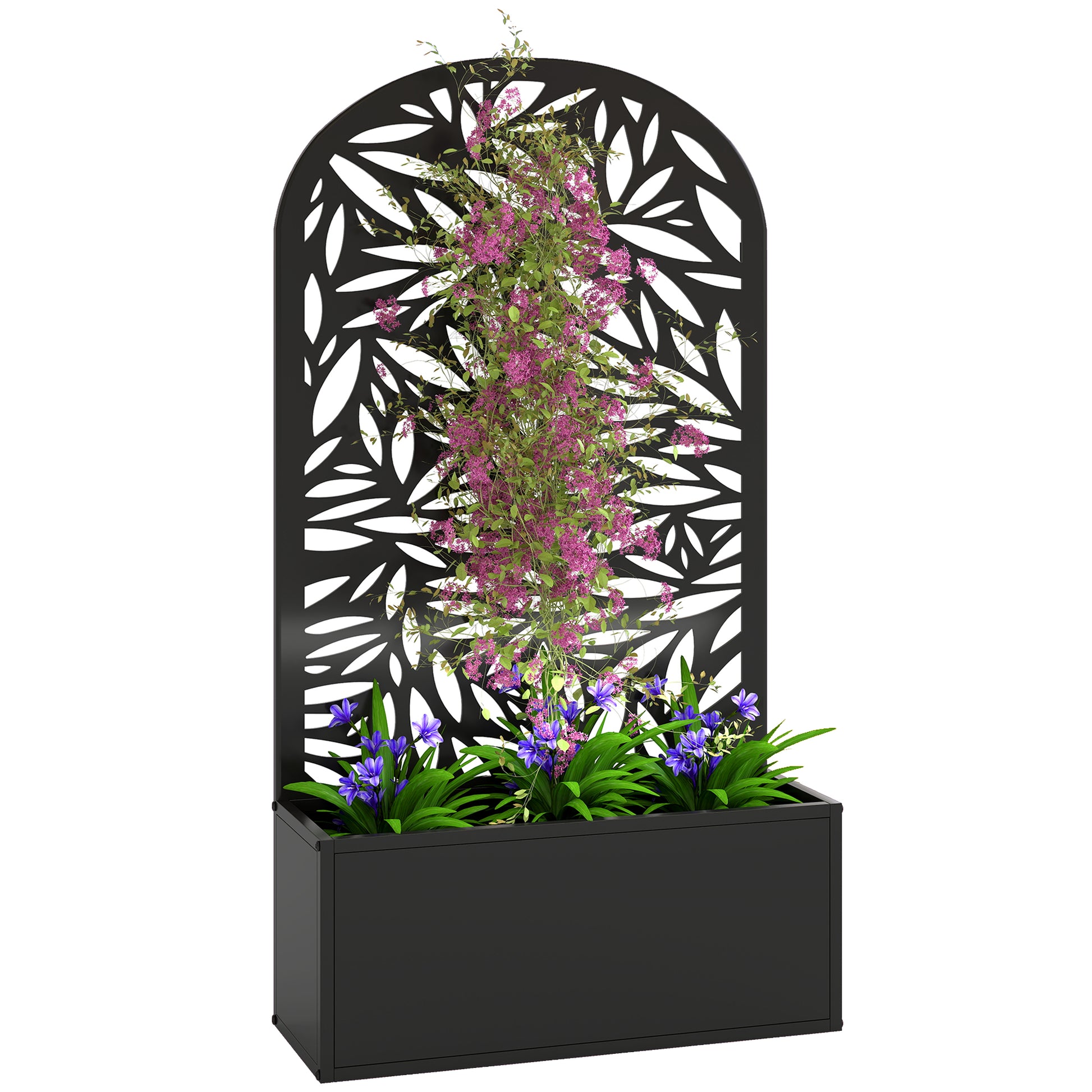 Outsunny Jardinera Exterior Grande de Metal, Jardinera con Pantalla de Privacidad Curva de Hojas Decorativas, Macetero de Pared o Independiente para Plantas Trepadoras, Patio, 61x23x113 cm, Negro