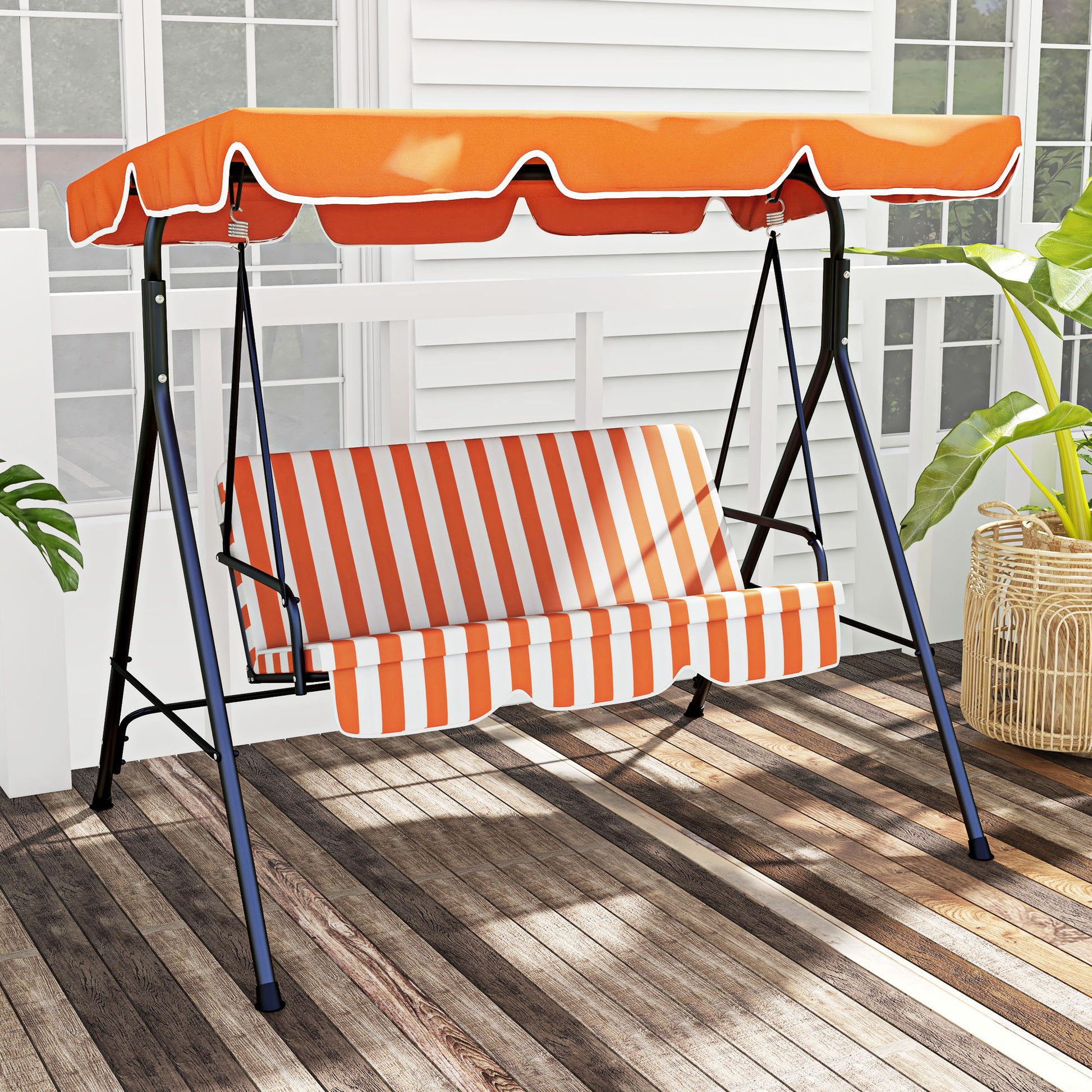 Outsunny Columpio de Jardín Exterior de 3 Plazas, Balancín de Jardín Exterior con Techo Ajustable y Marco de Acero, para Balcón, Terraza, Patio, Carga 200 kg, 172x110x153 cm, Naranja