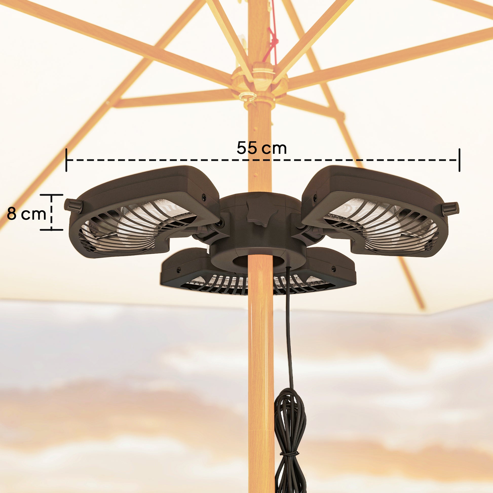 Outsunny Calefactor por Infrarrojos para Parasol, 800/1600/2400W, Estufa Exterior Eléctrica de Aluminio con 3 Niveles de Calentamiento, Protección Antivuelco, IP44, para Terraza, Patio y Jardín, Negro