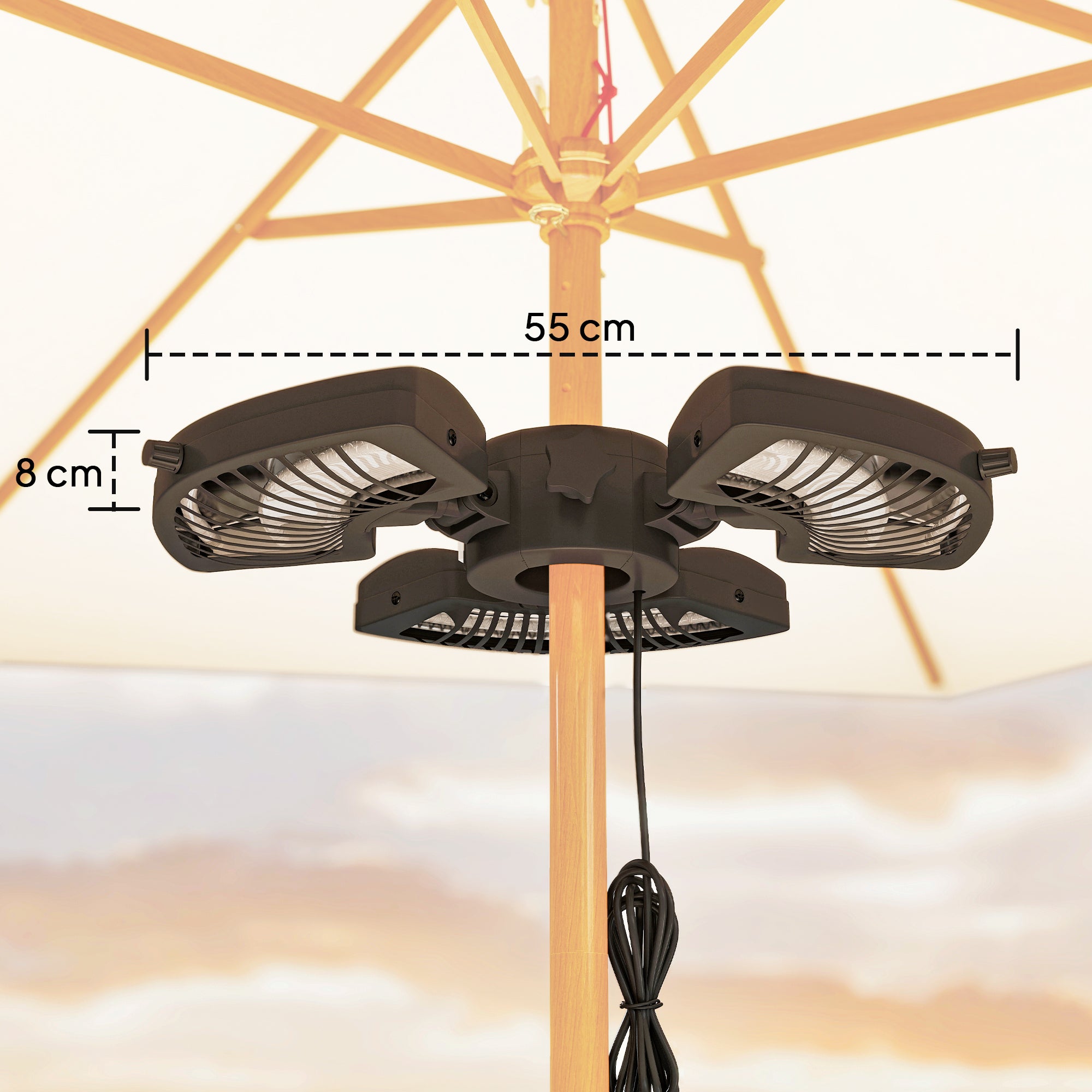 Outsunny Calefactor por Infrarrojos para Parasol, 800/1600/2400W, Estufa Exterior Eléctrica de Aluminio con 3 Niveles de Calentamiento, Protección Antivuelco, IP44, para Terraza, Patio y Jardín, Negro