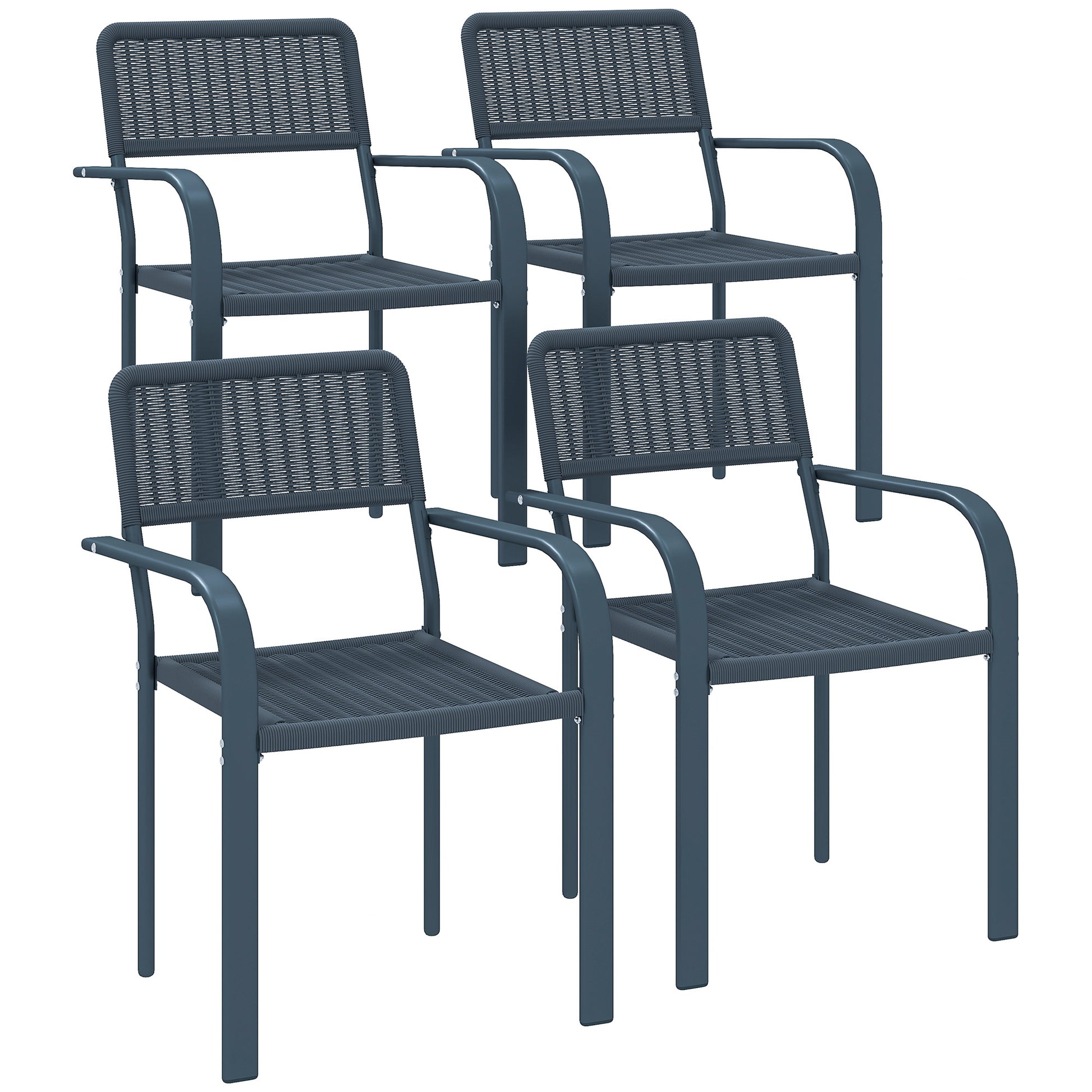 Outsunny Juego de 4 Sillas de Jardín Exterior Apilables, Sillas de Comedor Exterior Efecto Ratán, con Reposabrazos, Marco de Acero, Resistente a la Intemperie y Ligero, 55x60x83 cm, Gris Oscuro