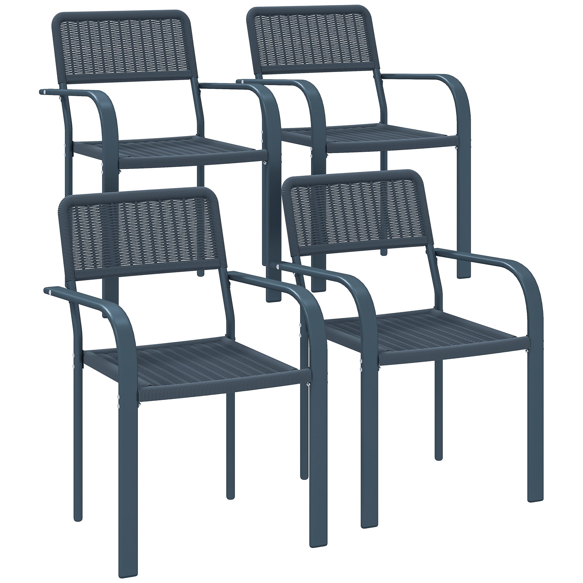 Outsunny Juego de 4 Sillas de Jardín Exterior Apilables, Sillas de Comedor Exterior Efecto Ratán, con Reposabrazos, Marco de Acero, Resistente a la Intemperie y Ligero, 55x60x83 cm, Gris Oscuro