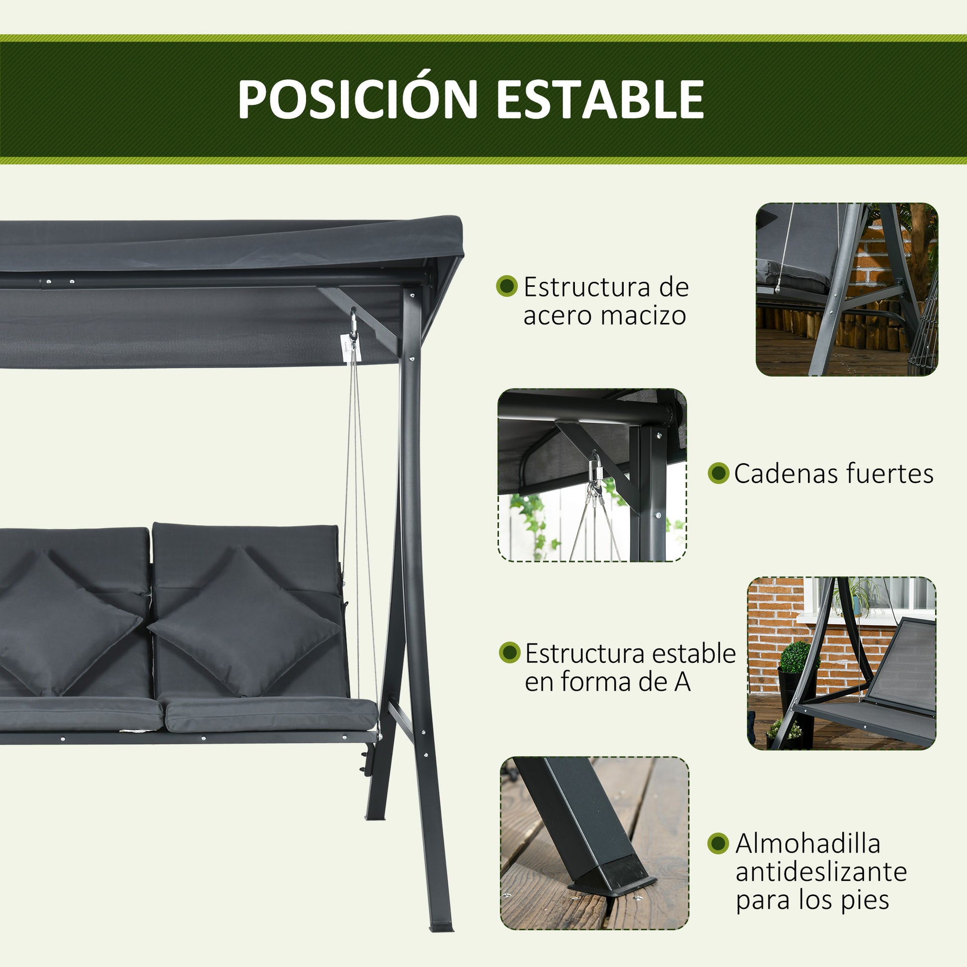 Outsunny Columpio de Jardín Exterior de 3 Plazas, Balancín de Jardín Exterior con Techo Ajustable Cojines, Almohadas y Estructura de Acero, para Terraza, Patio, Carga 320 kg, 202x115x168 cm, Gris