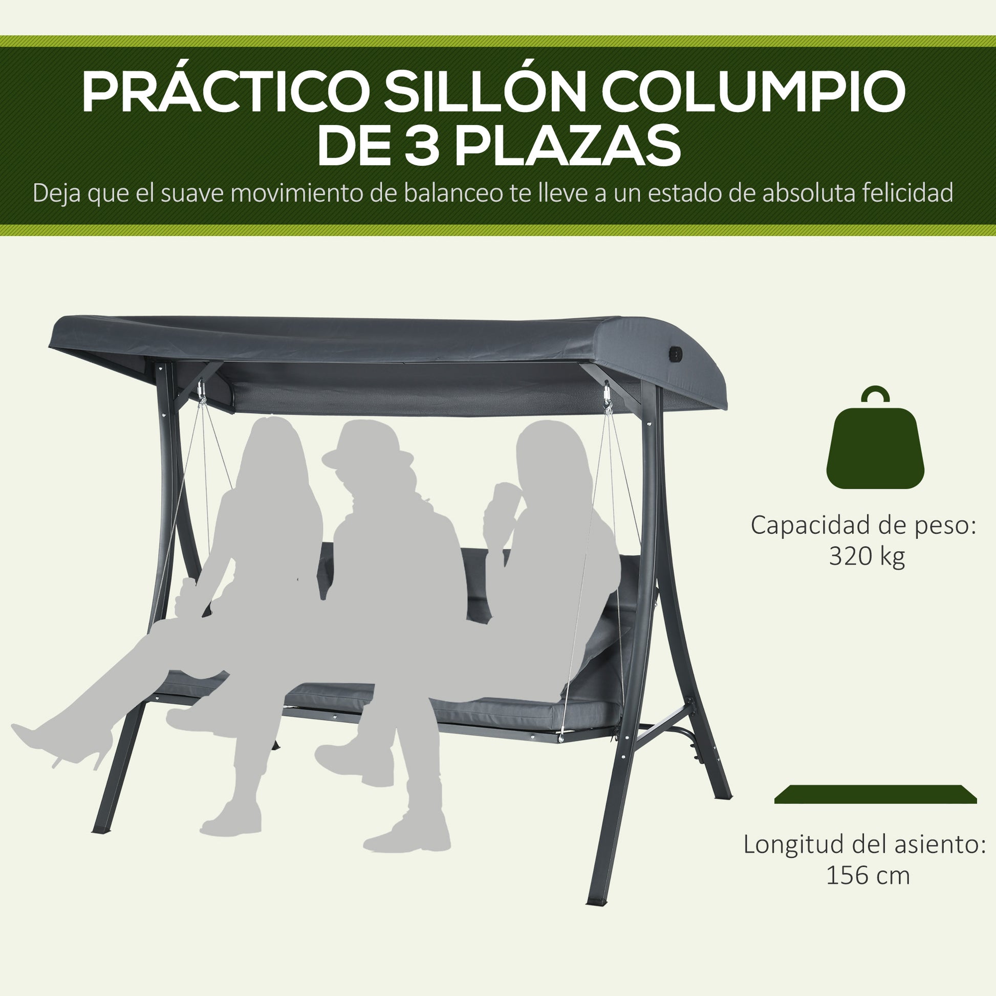 Outsunny Columpio de Jardín Exterior de 3 Plazas, Balancín de Jardín Exterior con Techo Ajustable Cojines, Almohadas y Estructura de Acero, para Terraza, Patio, Carga 320 kg, 202x115x168 cm, Gris