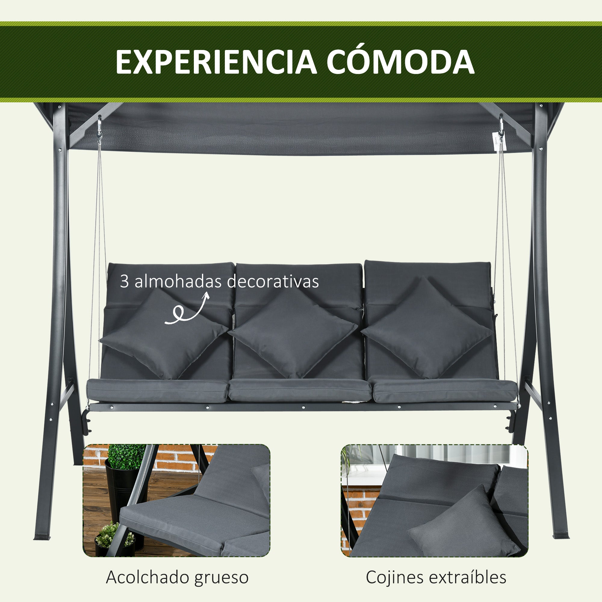 Outsunny Columpio de Jardín Exterior de 3 Plazas, Balancín de Jardín Exterior con Techo Ajustable Cojines, Almohadas y Estructura de Acero, para Terraza, Patio, Carga 320 kg, 202x115x168 cm, Gris