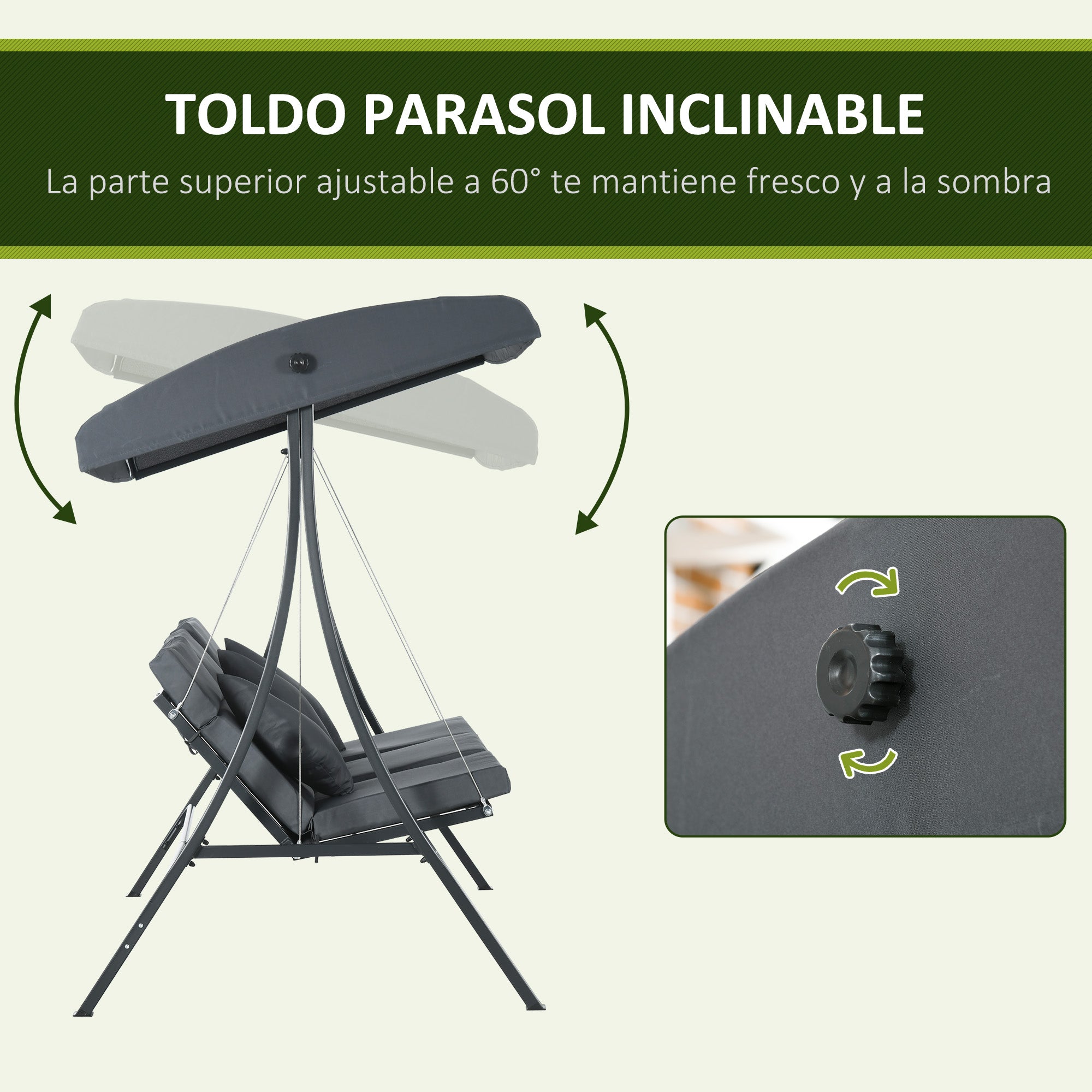 Outsunny Columpio de Jardín Exterior de 3 Plazas, Balancín de Jardín Exterior con Techo Ajustable Cojines, Almohadas y Estructura de Acero, para Terraza, Patio, Carga 320 kg, 202x115x168 cm, Gris