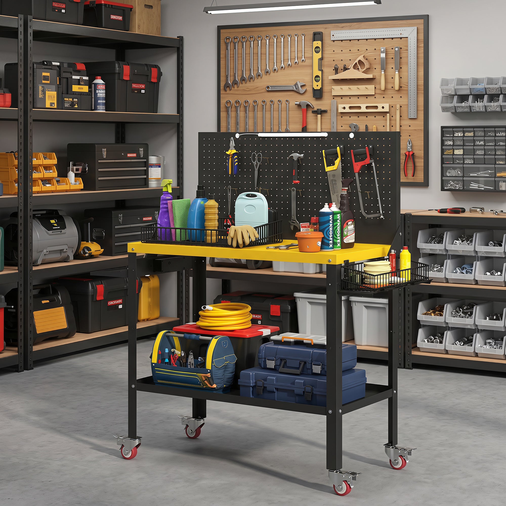 HOMCOM Banco de Trabajo con Panel Perforado y Ruedas, Mesa de Trabajo con Enchufes, USB, Luz LED y Estructura Metálica, Carga 300 kg, Banco para Garaje o Taller, 128x49,5x127,5 cm, Negro y Amarillo