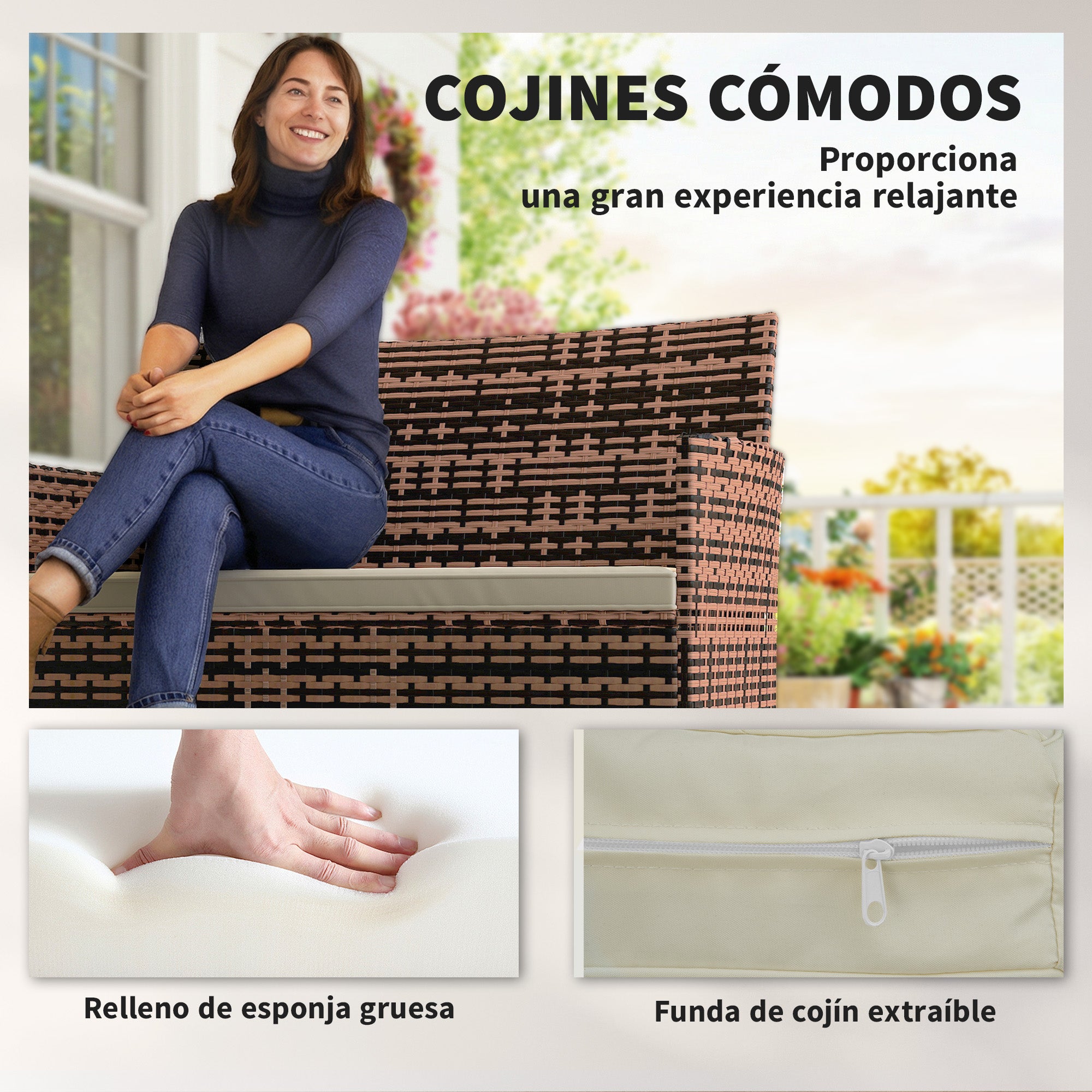Outsunny Sofá Exterior de Ratán de 2 Plazas, Sofá de Jardín Exterior con Cojín Lavable, Estructura de Acero, para Balcón, Porche, Patio, Caqui