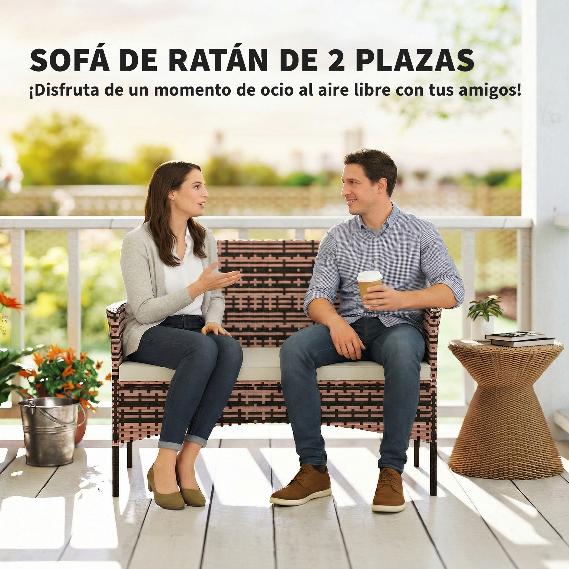 Outsunny Sofá Exterior de Ratán de 2 Plazas, Sofá de Jardín Exterior con Cojín Lavable, Estructura de Acero, para Balcón, Porche, Patio, Caqui
