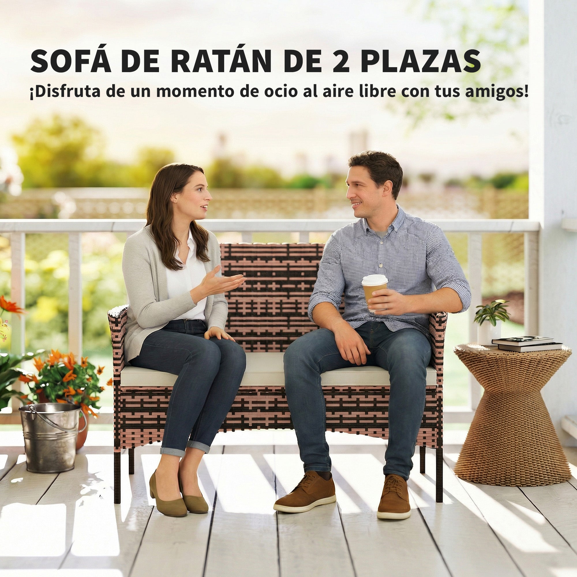 Outsunny Sofá Exterior de Ratán de 2 Plazas, Sofá de Jardín Exterior con Cojín Lavable, Estructura de Acero, para Balcón, Porche, Patio, Caqui