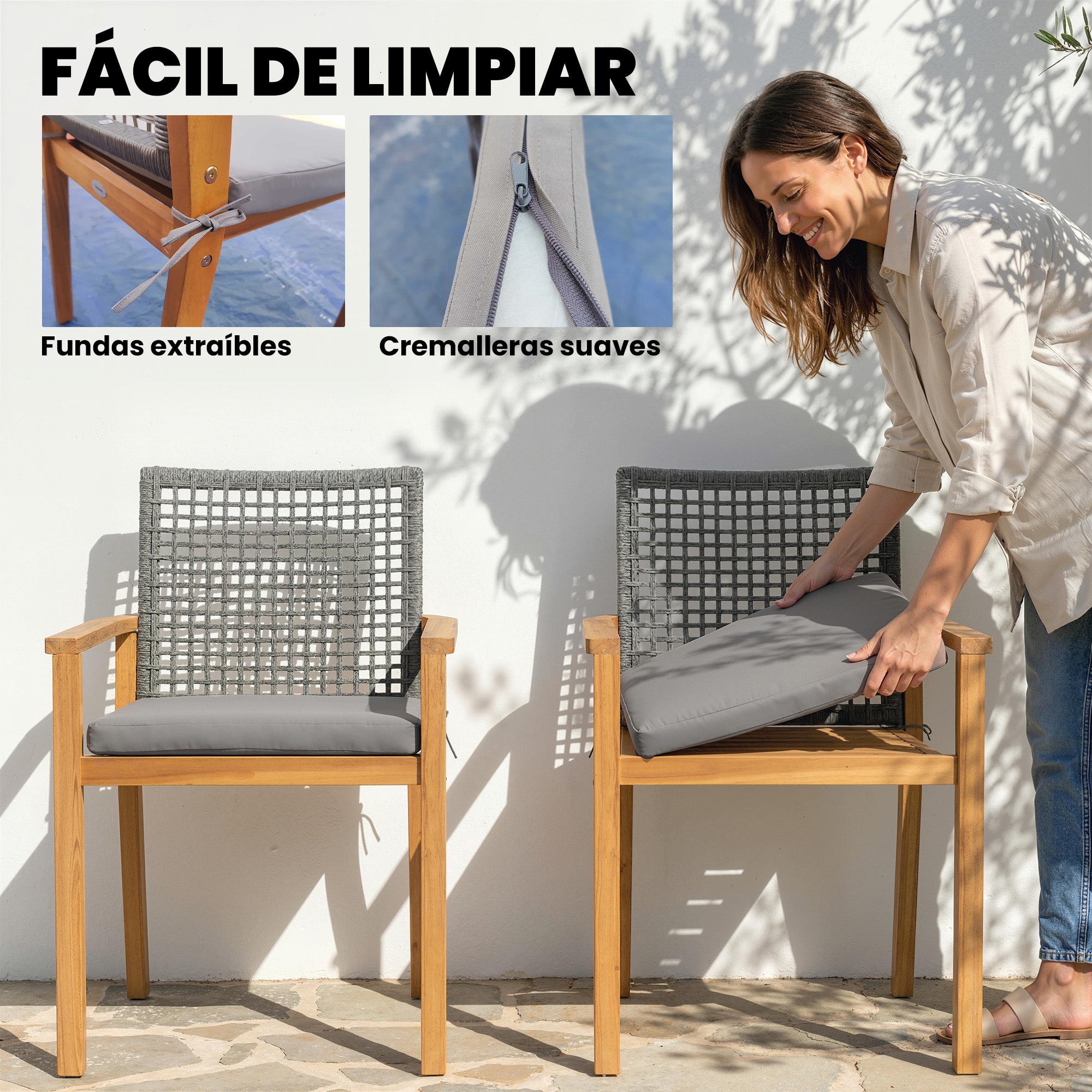 Outsunny Juego de 2 Sillas de Jardín Exterior de Madera, Sillas de Jardín Apilables con Cojines Desmontables, Brazos, Respaldo de Ratán PE, Carga 160 kg, para Terraza, 59x55x86 cm, Madera Natural
