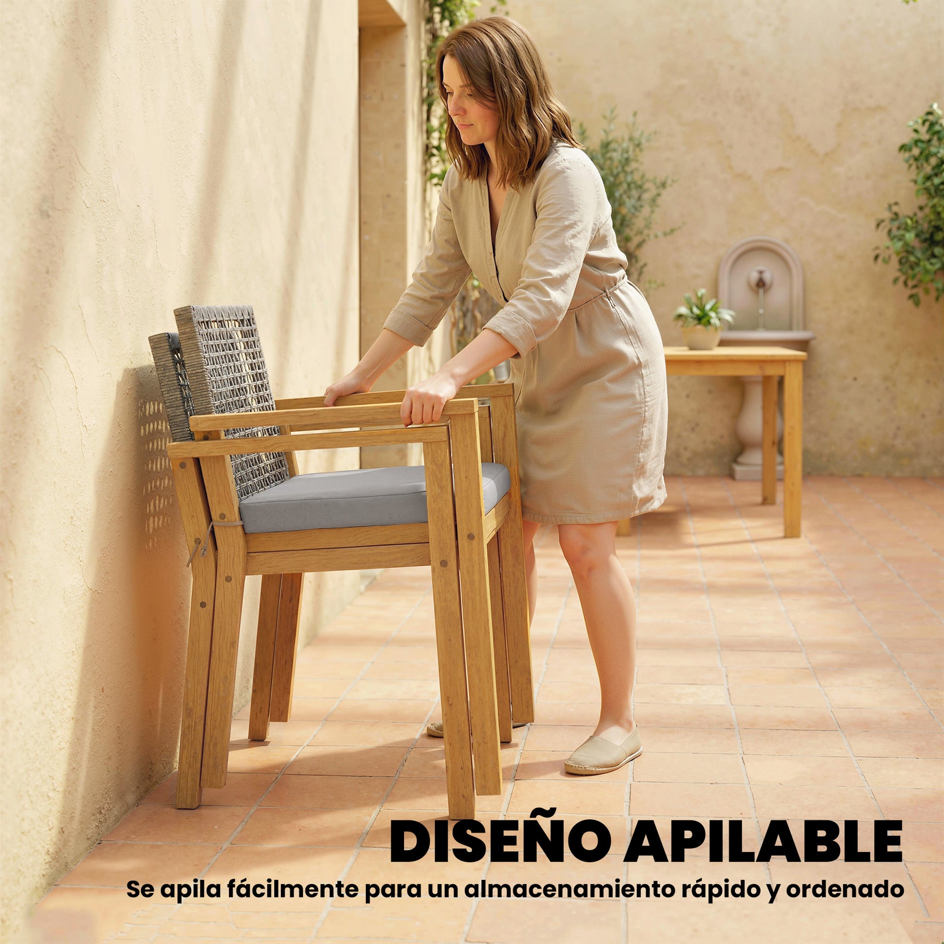 Outsunny Juego de 2 Sillas de Jardín Exterior de Madera, Sillas de Jardín Apilables con Cojines Desmontables, Brazos, Respaldo de Ratán PE, Carga 160 kg, para Terraza, 59x55x86 cm, Madera Natural