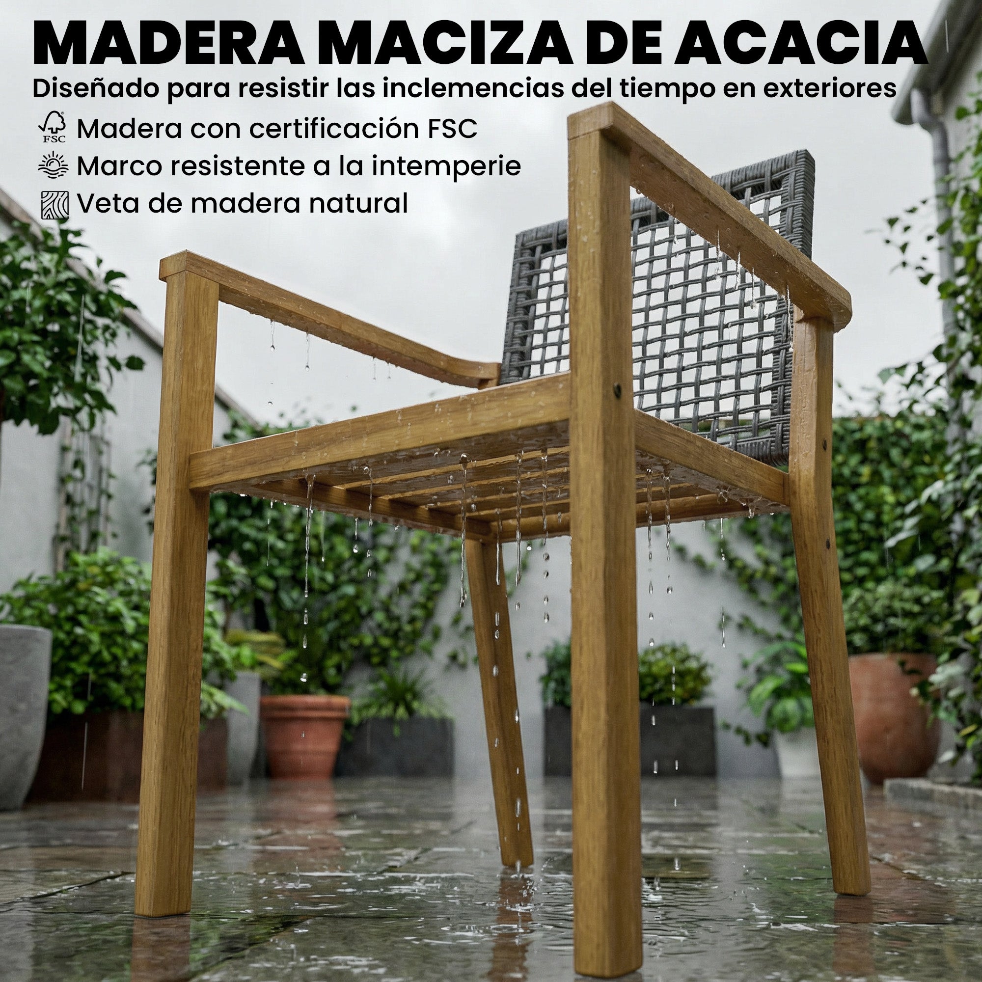 Outsunny Juego de 2 Sillas de Jardín Exterior de Madera, Sillas de Jardín Apilables con Cojines Desmontables, Brazos, Respaldo de Ratán PE, Carga 160 kg, para Terraza, 59x55x86 cm, Madera Natural