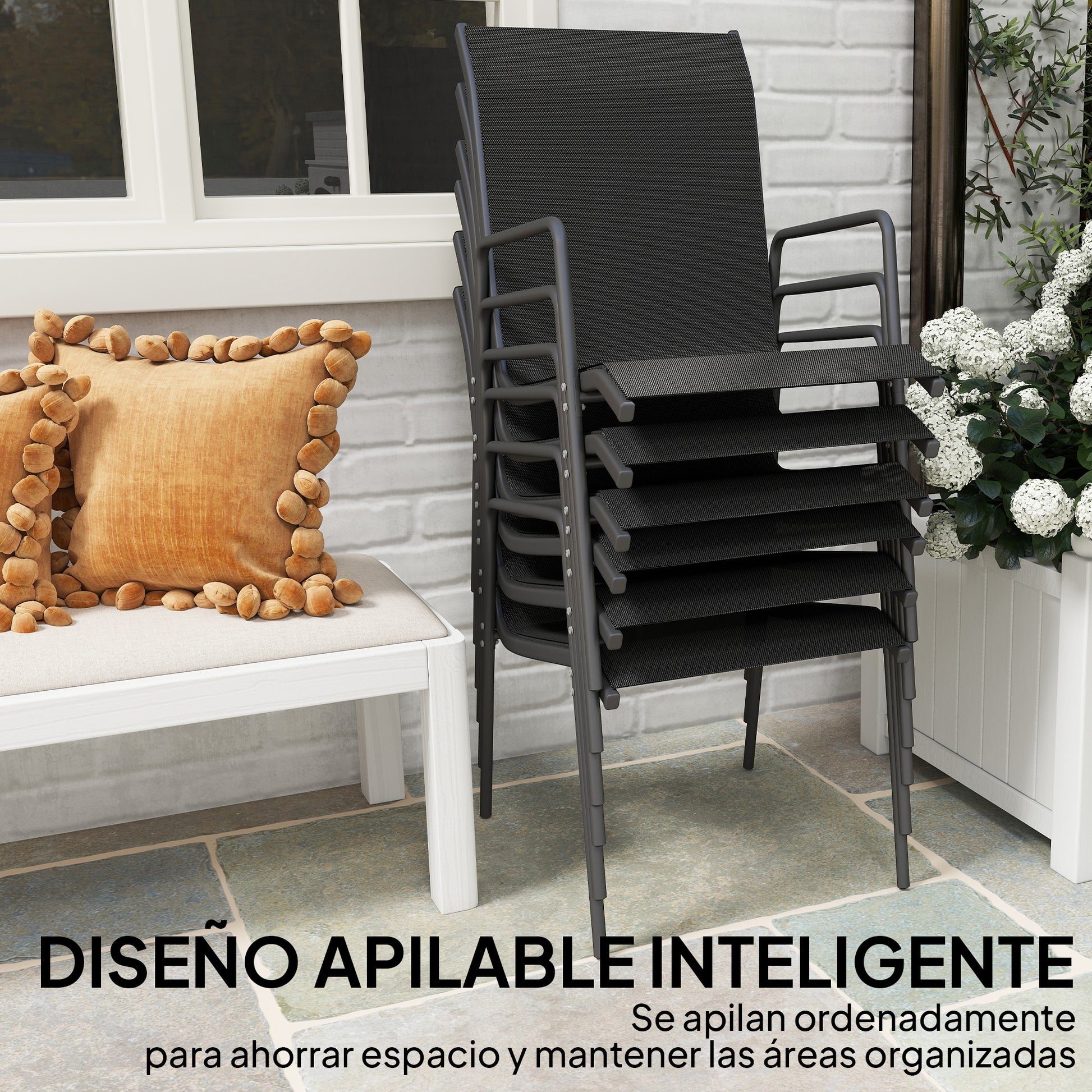 Outsunny Juego de 6 Sillas de Jardín Exterior Apilables, Sillas Terraza Exterior con Reposabrazos, Asiento y Respaldo de Malla Transpirable, Estructura Metálica Resistente, 51x69x87 cm, Negro