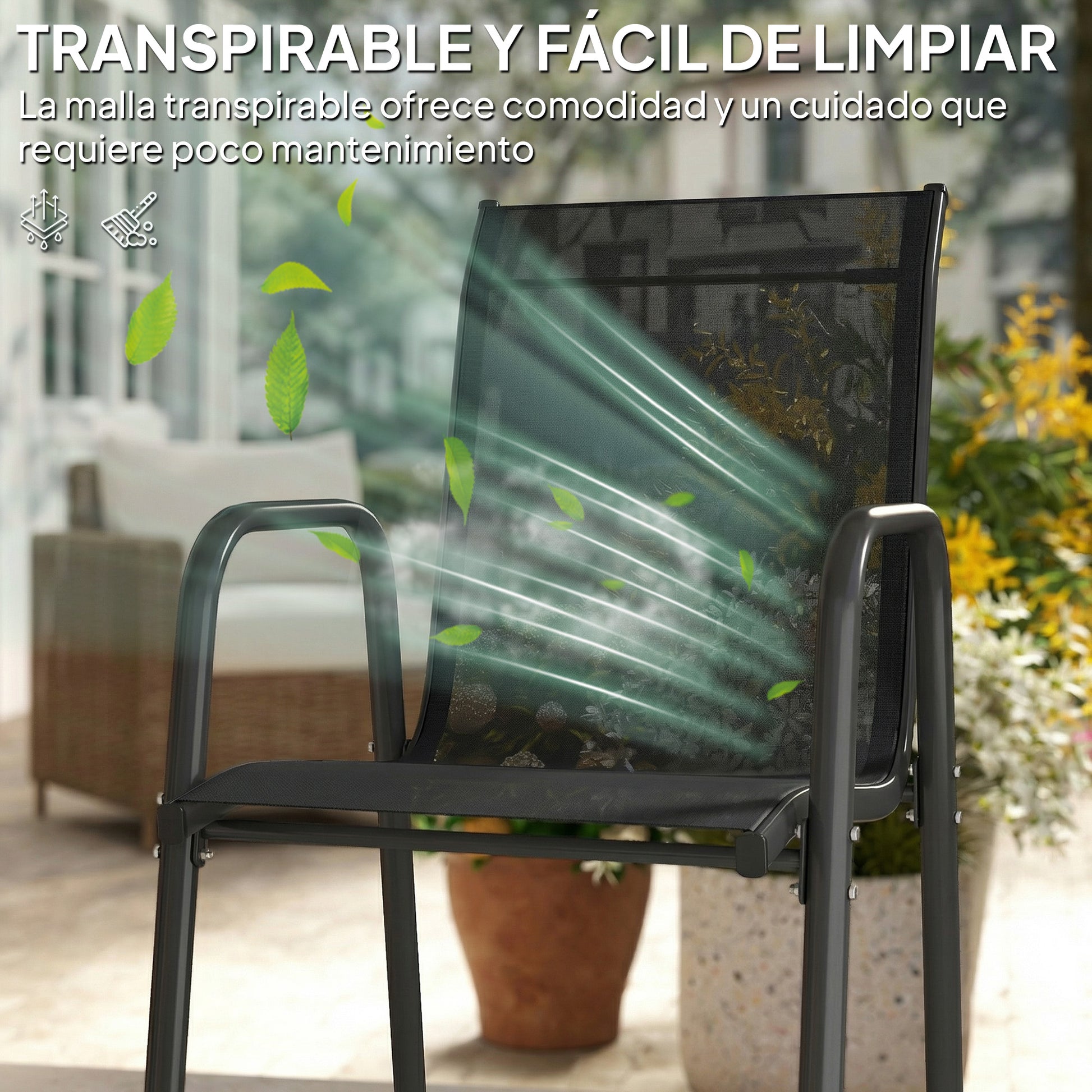 Outsunny Juego de 6 Sillas de Jardín Exterior Apilables, Sillas Terraza Exterior con Reposabrazos, Asiento y Respaldo de Malla Transpirable, Estructura Metálica Resistente, 51x69x87 cm, Negro