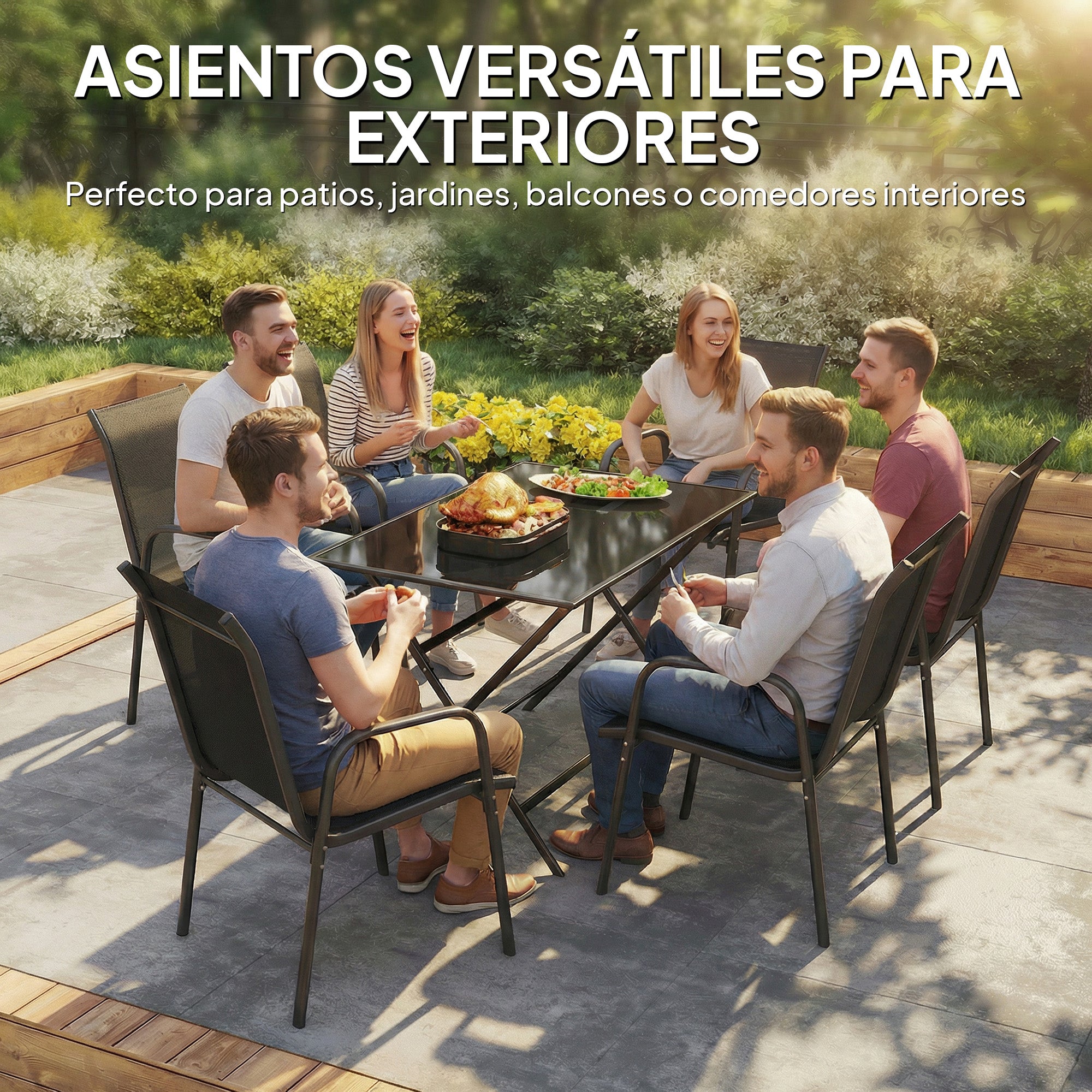 Outsunny Juego de 6 Sillas de Jardín Exterior Apilables, Sillas Terraza Exterior con Reposabrazos, Asiento y Respaldo de Malla Transpirable, Estructura Metálica Resistente, 51x69x87 cm, Negro
