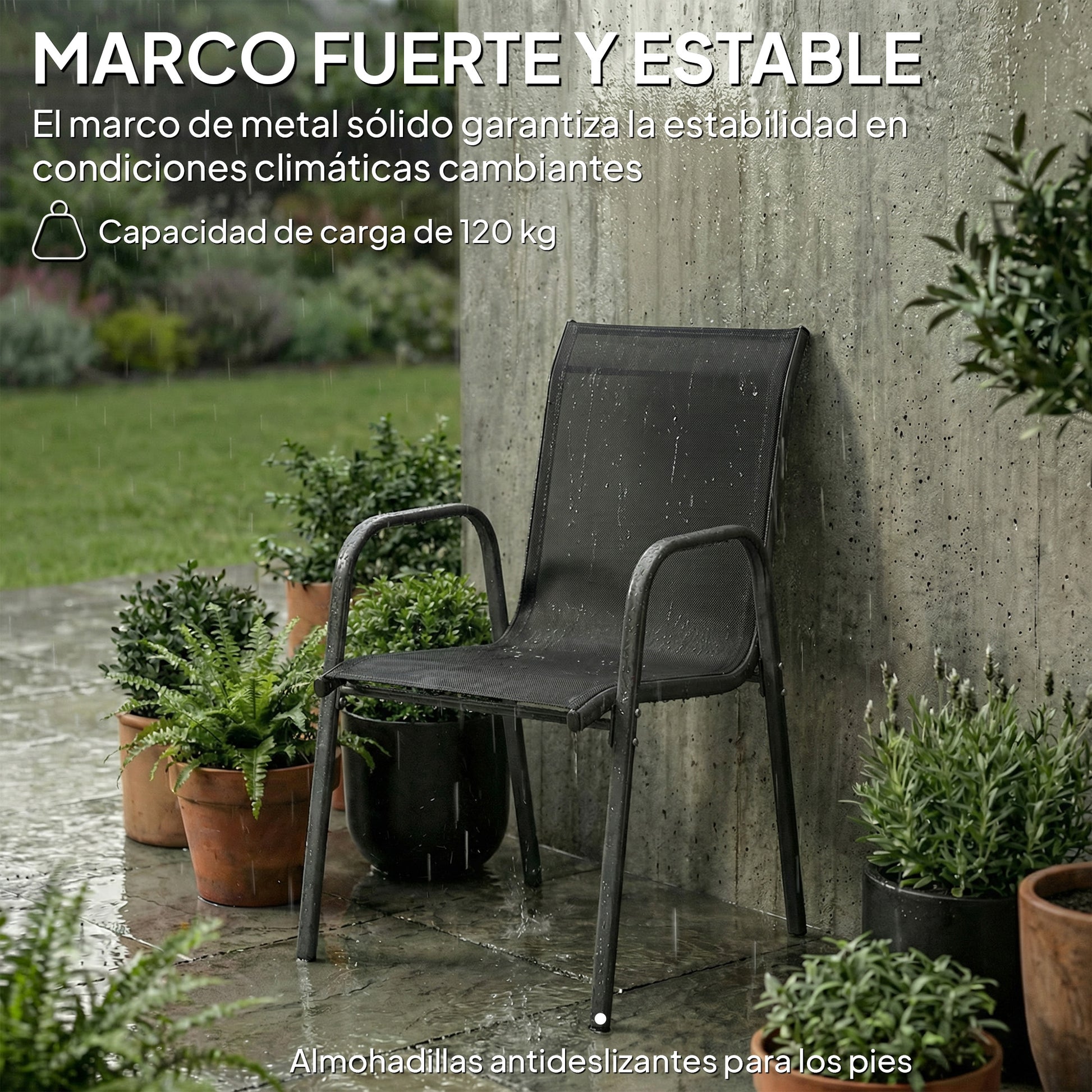 Outsunny Juego de 6 Sillas de Jardín Exterior Apilables, Sillas Terraza Exterior con Reposabrazos, Asiento y Respaldo de Malla Transpirable, Estructura Metálica Resistente, 51x69x87 cm, Negro