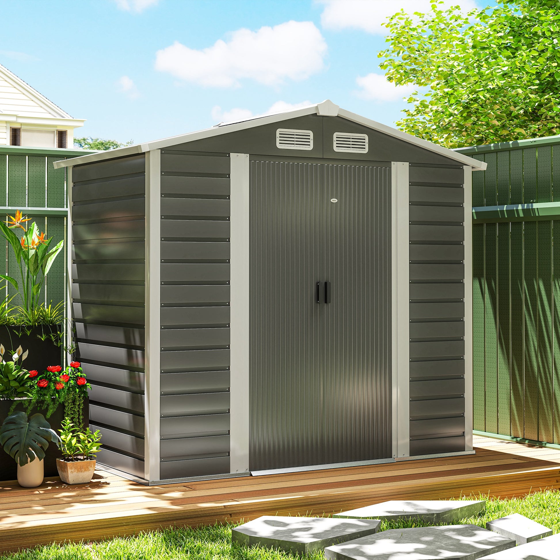 Outsunny Caseta de Jardín Exterior 2,36m² 213x120x194 cm Cobertizo de Jardín Exterior con Base Refuerzo (Suelo NO Incluido) Puertas Correderas Dobles Candado Ventanas Gris Oscuro