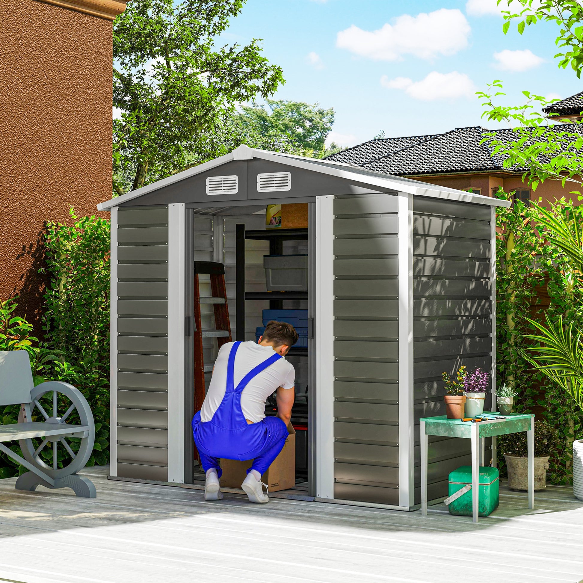 Outsunny Caseta de Jardín Exterior 2,36m² 213x120x194 cm Cobertizo de Jardín Exterior con Base Refuerzo (Suelo NO Incluido) Puertas Correderas Dobles Candado Ventanas Gris Oscuro
