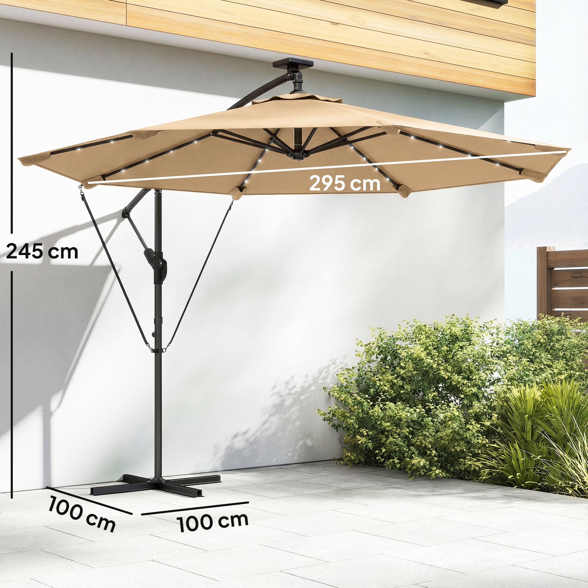 Outsunny Parasol Excéntrico con Luces LED Solares, Ø330 cm, Sombrilla de Jardín con Base Cruzada, Manivela, Funda Protectora y Cuerda de Viento, Anti-UV 50+, para Terraza, Patio, Caqui