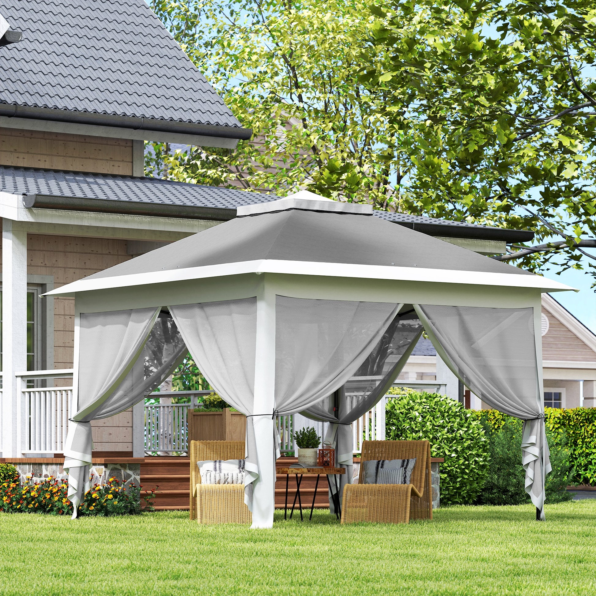 Outsunny Carpa Plegable 3,3x3,3 m Pop-up, Cenador de Jardín con Altura Ajustable 3 Niveles, Doble Techo, 4 Mosquiteras Extraíbles y Bolsa Transporte, Impermeable, Anti-UV para Exterior, Gris Oscuro