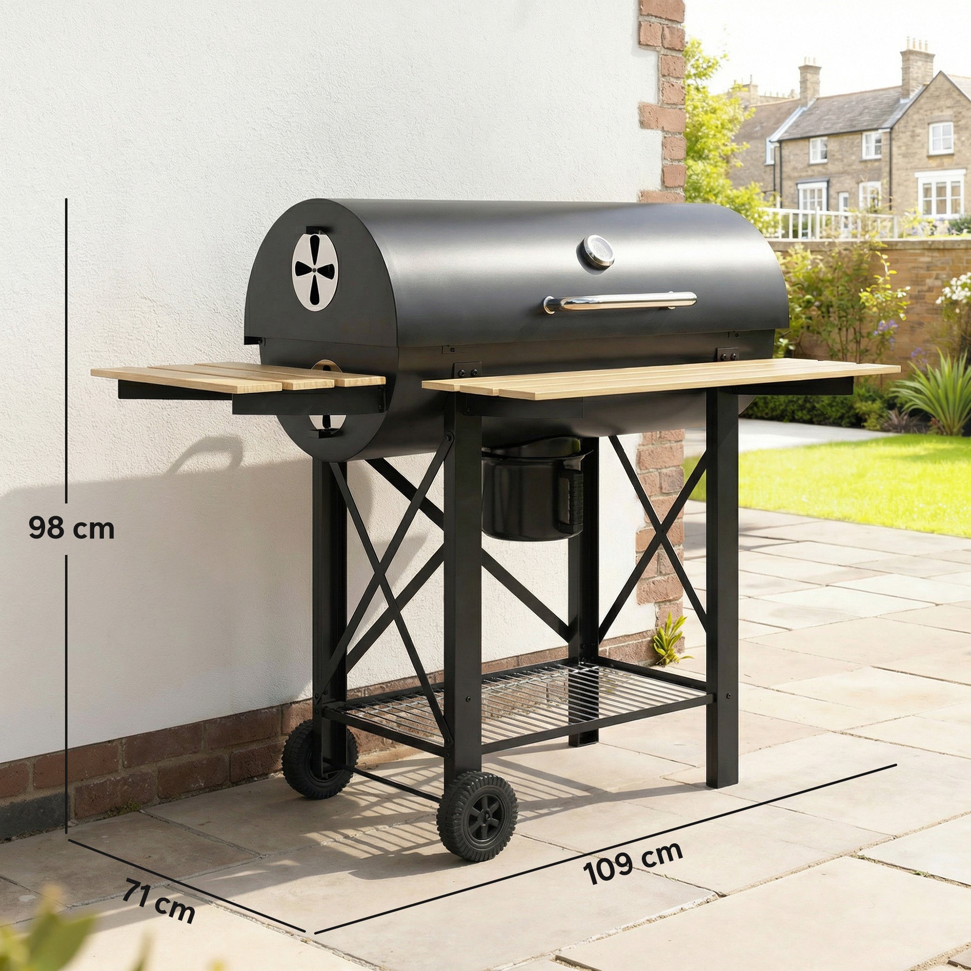 Outsunny Barbacoa de Carbón Portátil, Barbacoa de Carbón Móvil con Estantes Plegables, Termómetro, Tapa, Ventilaciones Ajustables, Recoge Cenizas, Ruedas, Asa, 109x71x98 cm, Negro y Madera Natural