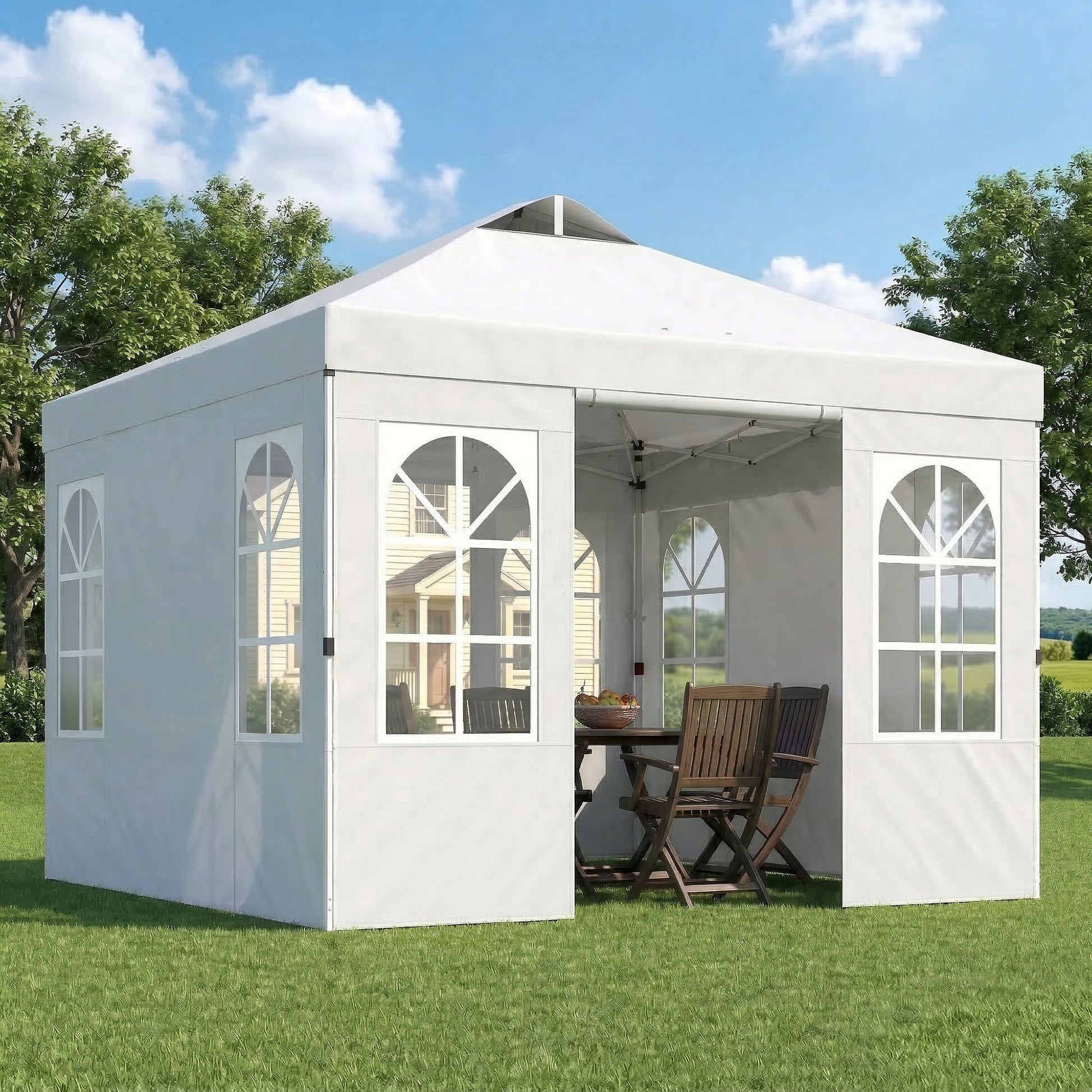 Outsunny Carpa Plegable 3x3 m, Pop-up, con 4 Laterales Extraíbles, Cenador de Jardín con UPF50+, Bloqueo Central, Altura Ajustable, Bolsa de Transporte, Sacos Arena, Gazebo para Exterior, Blanco