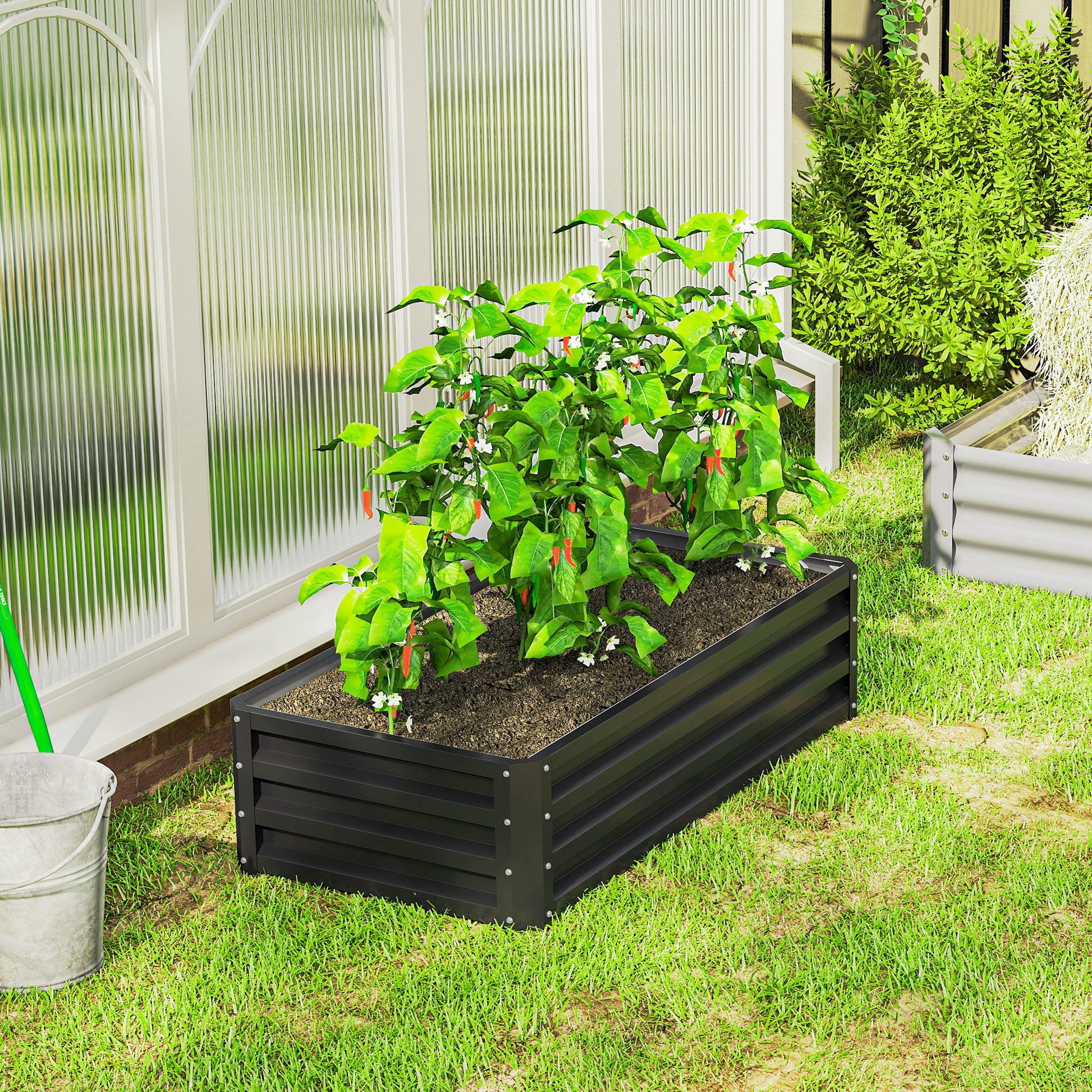 Outsunny Jardinera Exterior Grande de Acero Galvanizado, Huerto Urbano Elevado para Cultivar Plantas, Flores, Hierba, Macetero Exterior Rectangular con Fondo Abierto, 120x60x30,5 cm, Gris