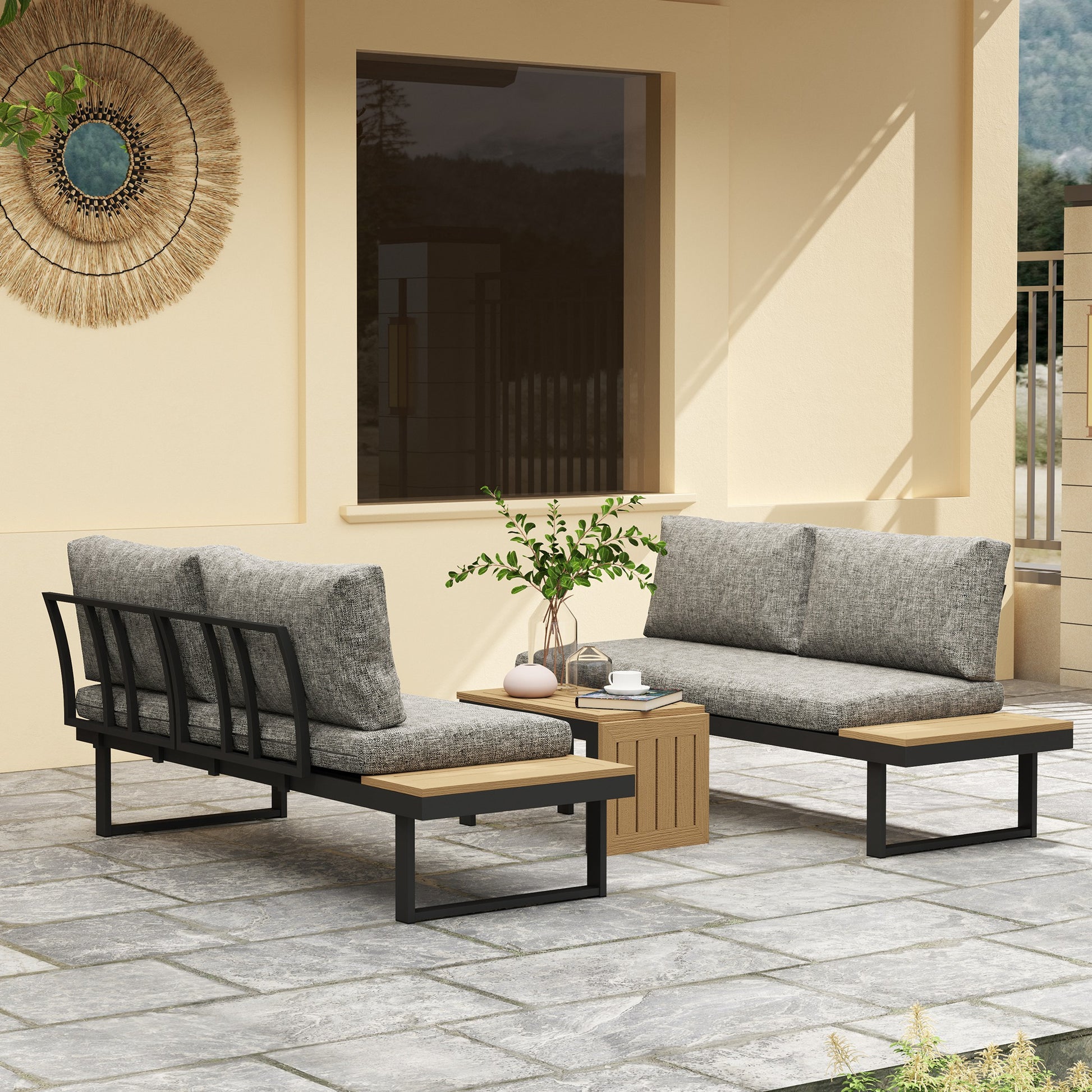 Outsunny Conjunto de Jardín Exterior de 3 Piezas, Sofá Exterior Seccional Resistente con 2 Sofás de 2 Plazas y Mesa de Centro Versátil, Estructura de Aluminio y Cojines, Gris Claro