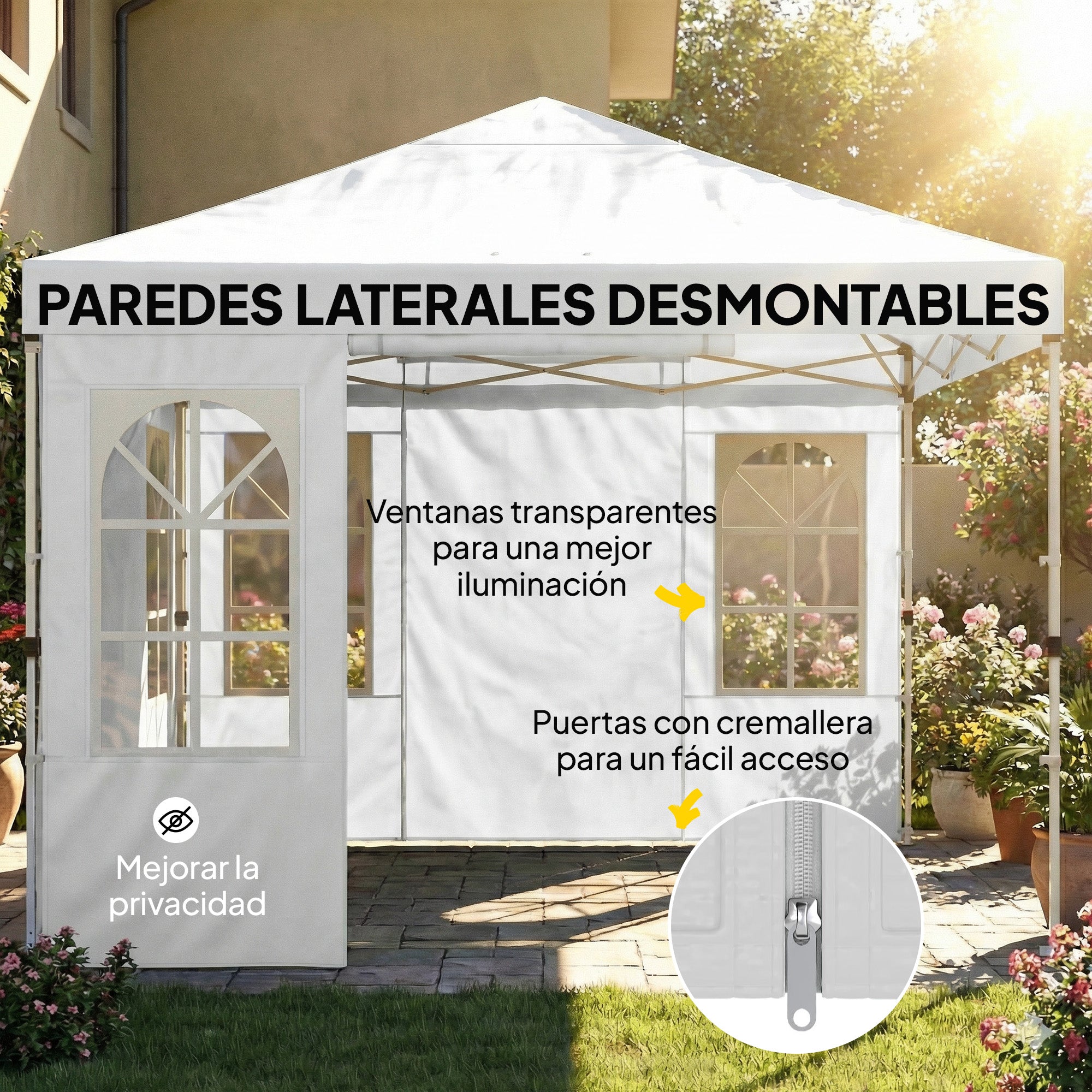 Outsunny Carpa Plegable 3x3 m, Pop-up, con 4 Laterales Extraíbles, Cenador de Jardín con UPF50+, Bloqueo Central, Altura Ajustable, Bolsa de Transporte, Sacos Arena, Gazebo para Exterior, Blanco