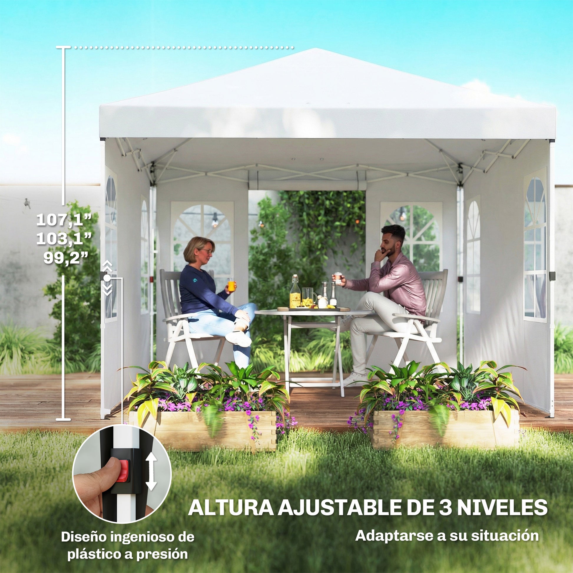 Outsunny Carpa Plegable 3x3 m, Pop-up, con 4 Laterales Extraíbles, Cenador de Jardín con UPF50+, Bloqueo Central, Altura Ajustable, Bolsa de Transporte, Sacos Arena, Gazebo para Exterior, Blanco