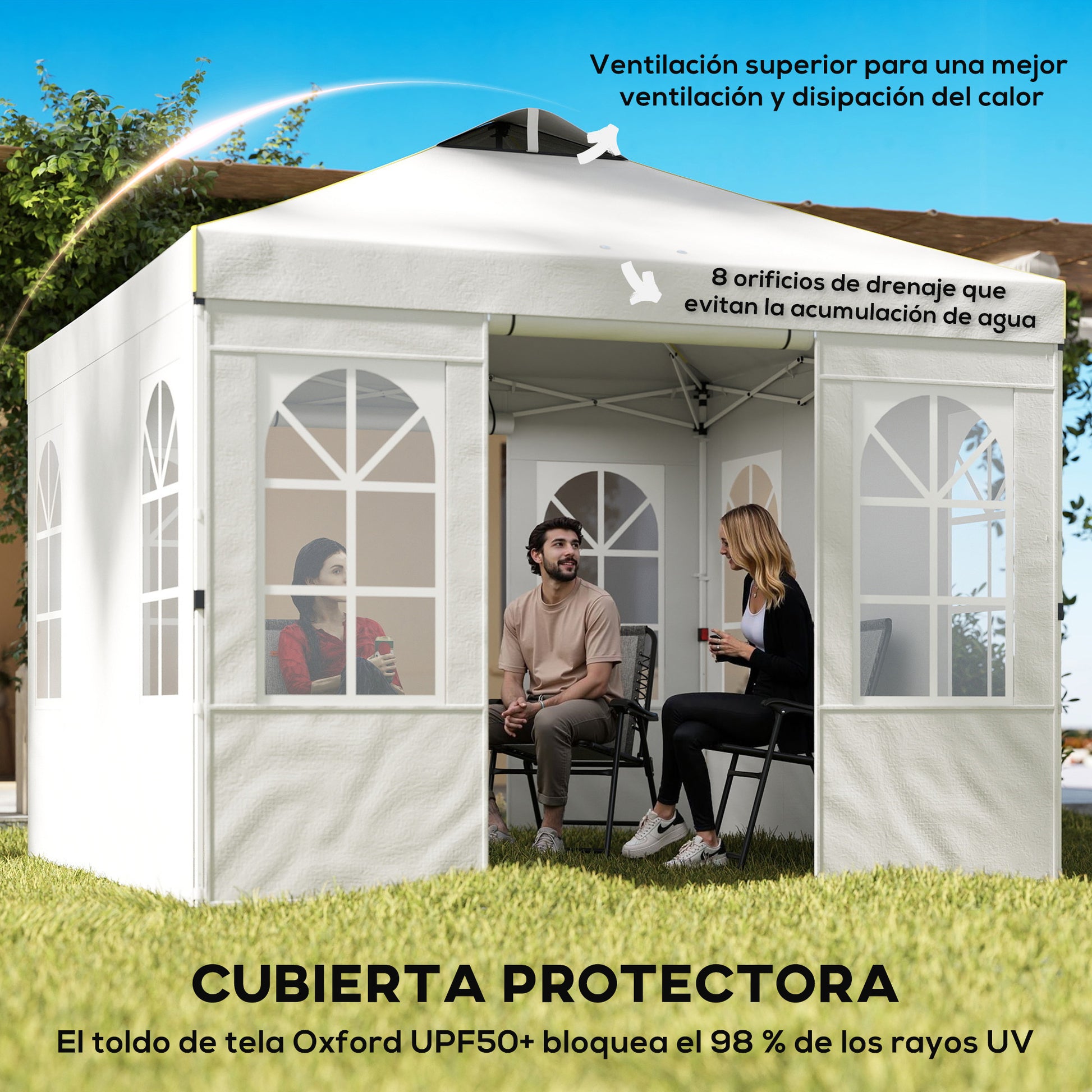 Outsunny Carpa Plegable 3x3 m, Pop-up, con 4 Laterales Extraíbles, Cenador de Jardín con UPF50+, Bloqueo Central, Altura Ajustable, Bolsa de Transporte, Sacos Arena, Gazebo para Exterior, Blanco