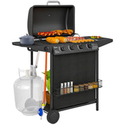 Outsunny Barbacoa de Gas BBQ Gas con 4+1 Quemadores 12 kW Barbacoa Portátil con Termómetro Mesa Lateral Estante Especiero Parrilla Recogedor de Grasa 2 Ruedas para Jardín Exterior Camping Negro