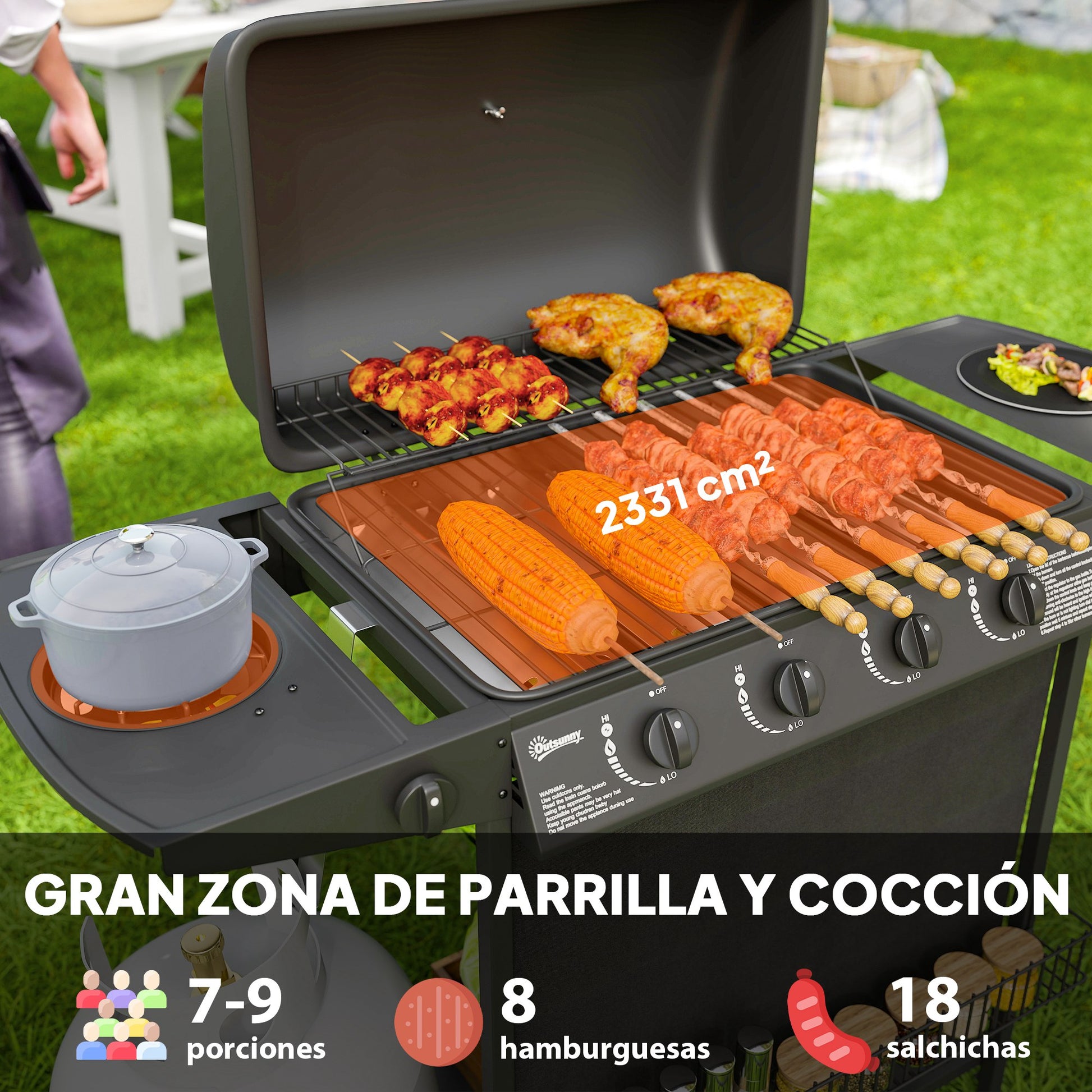 Outsunny Barbacoa de Gas BBQ Gas con 4+1 Quemadores 12 kW Barbacoa Portátil con Termómetro Mesa Lateral Estante Especiero Parrilla Recogedor de Grasa 2 Ruedas para Jardín Exterior Camping Negro