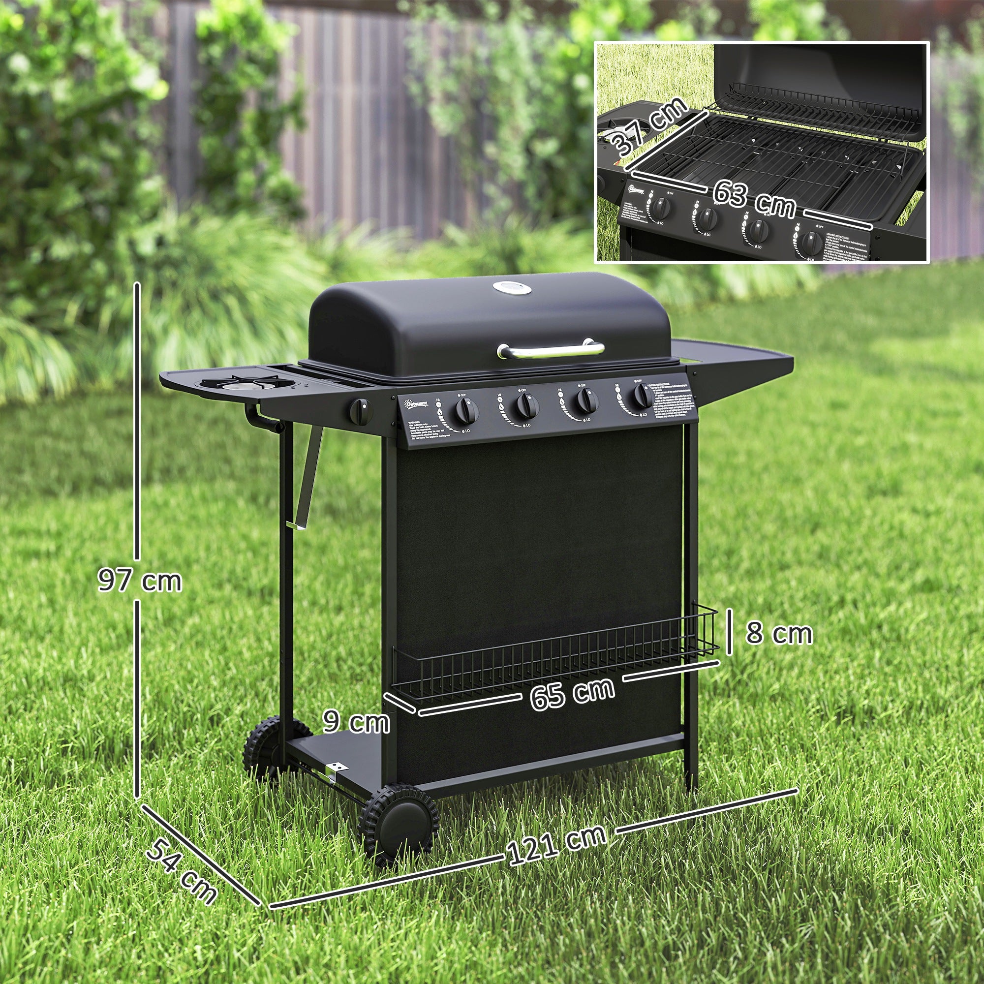 Outsunny Barbacoa de Gas BBQ Gas con 4+1 Quemadores 12 kW Barbacoa Portátil con Termómetro Mesa Lateral Estante Especiero Parrilla Recogedor de Grasa 2 Ruedas para Jardín Exterior Camping Negro