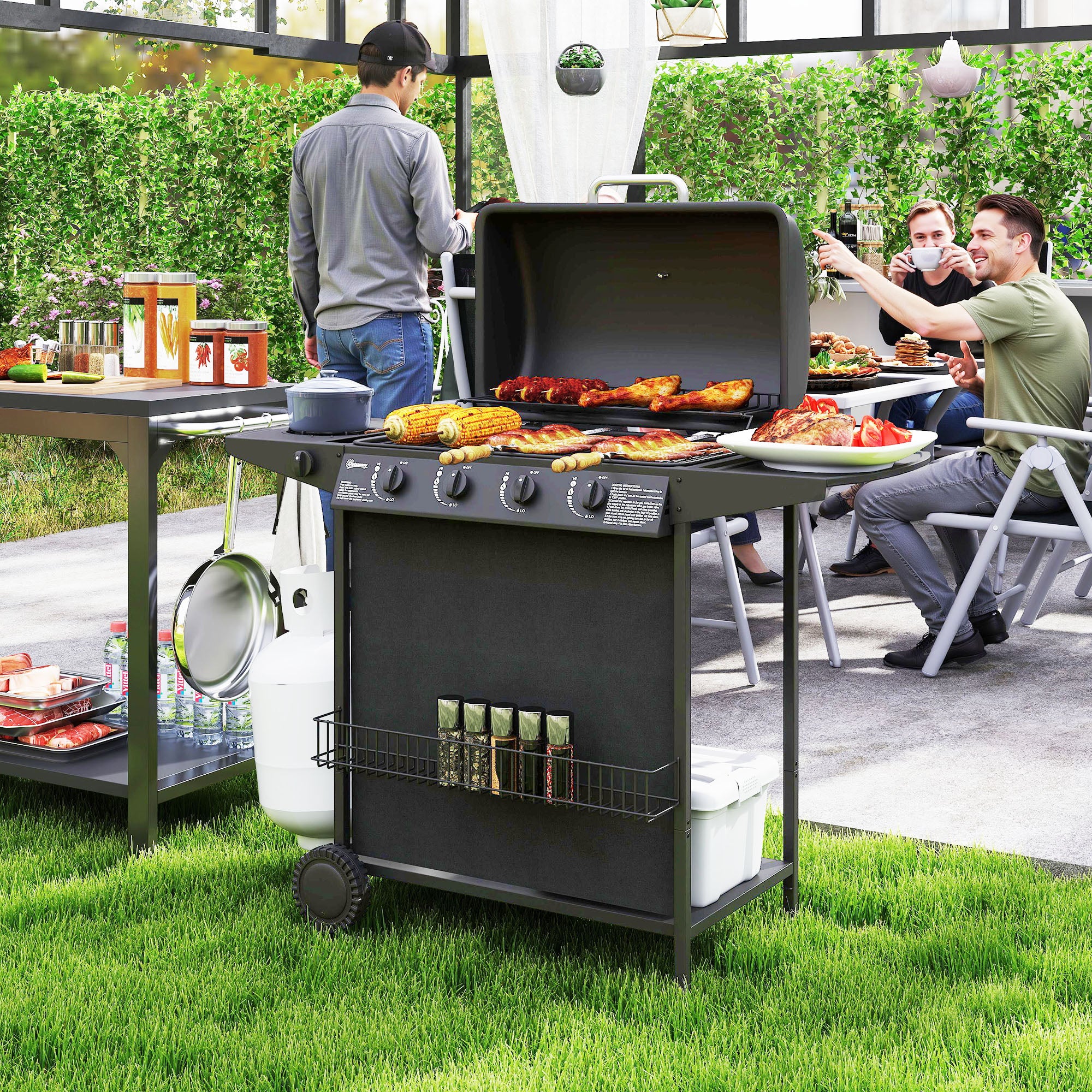 Outsunny Barbacoa de Gas BBQ Gas con 4+1 Quemadores 12 kW Barbacoa Portátil con Termómetro Mesa Lateral Estante Especiero Parrilla Recogedor de Grasa 2 Ruedas para Jardín Exterior Camping Negro
