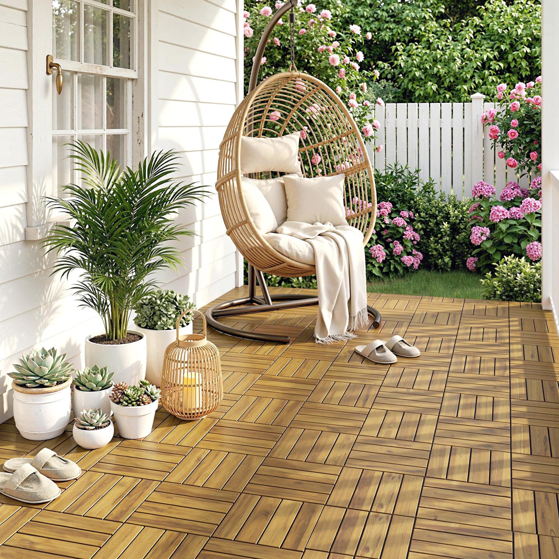 Outsunny Set de 10 Piezas Baldosas de Exterior de Madera de Acacia, 31x31 cm, 0,91 m², Suelo de Terraza Exterior, Antideslizantes y Resistentes al Clima, Fácil Instalación, para Terraza, Natural