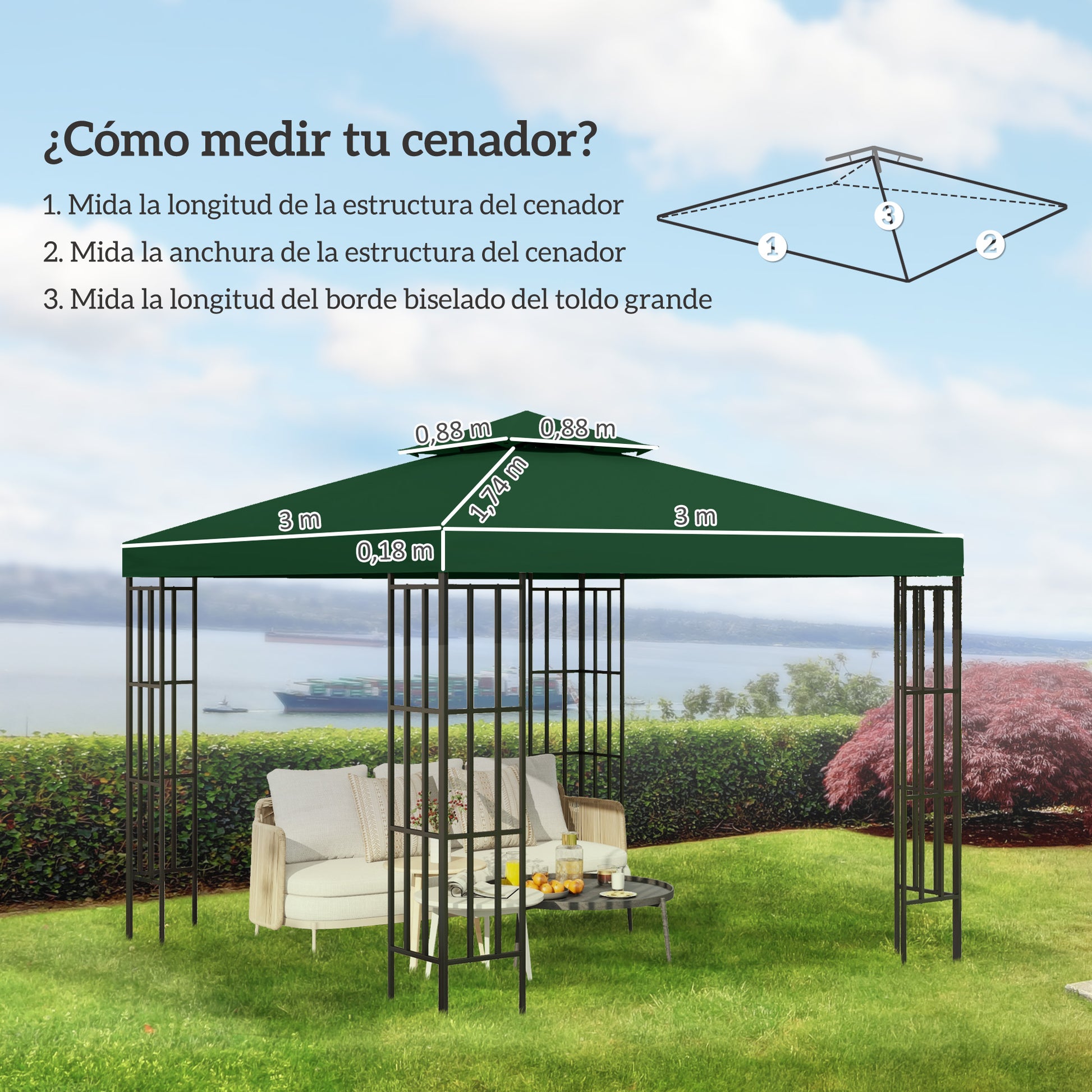 Outsunny Techo de Repuesto para Cenador, 3x3 m, Cubierta de Repuesto con Techo Doble, 8 Orificios de Drenaje y Protección UV, SOLO Toldo de Recambio para Pabellón Gazebo, Verde