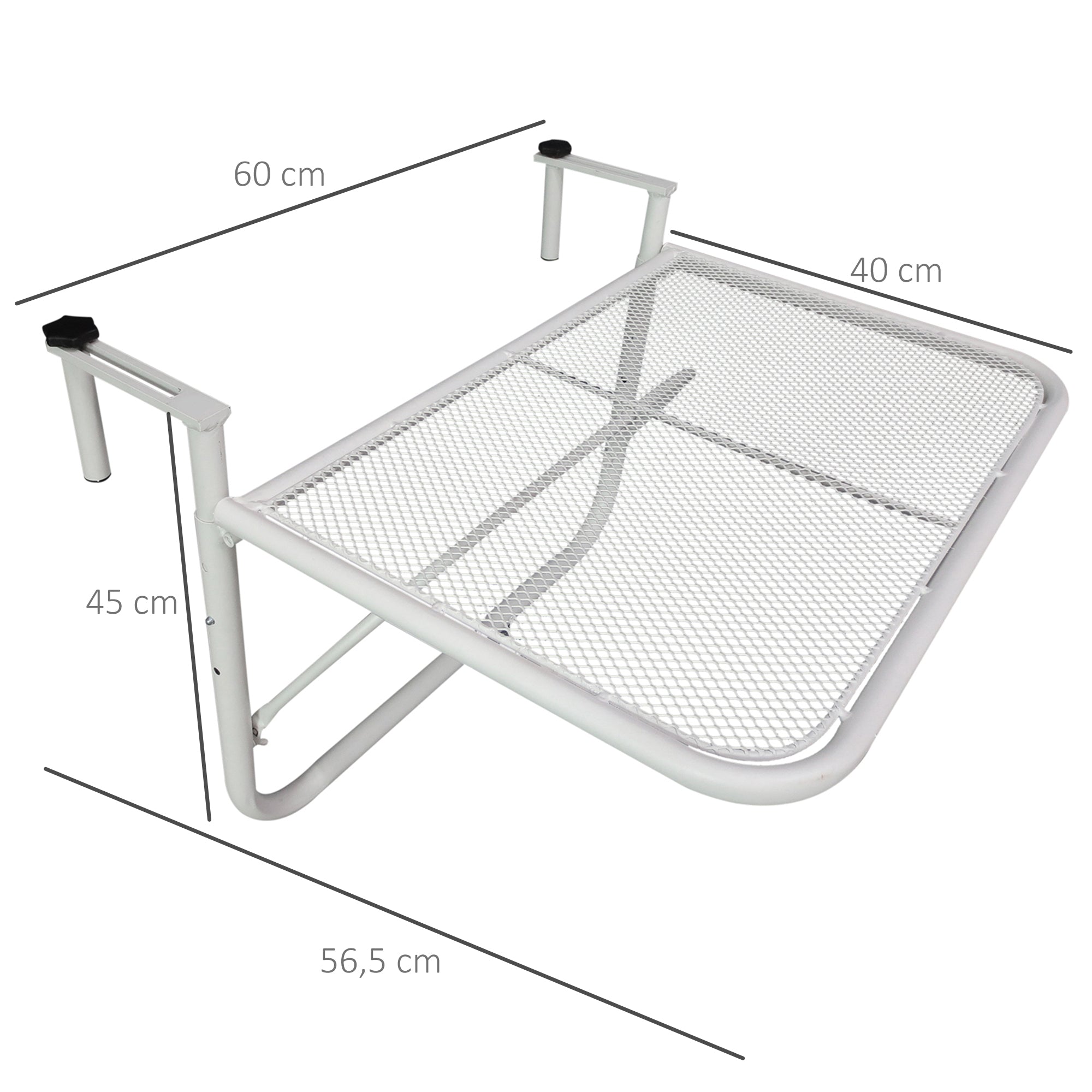 Outsunny Mesa Colgante de Balcón con Brazo Regulable y Altura Ajustable en 3 Posiciones Marco Metálico Carga Máx. 30 kg 60x56,5x45 cm Blanco
