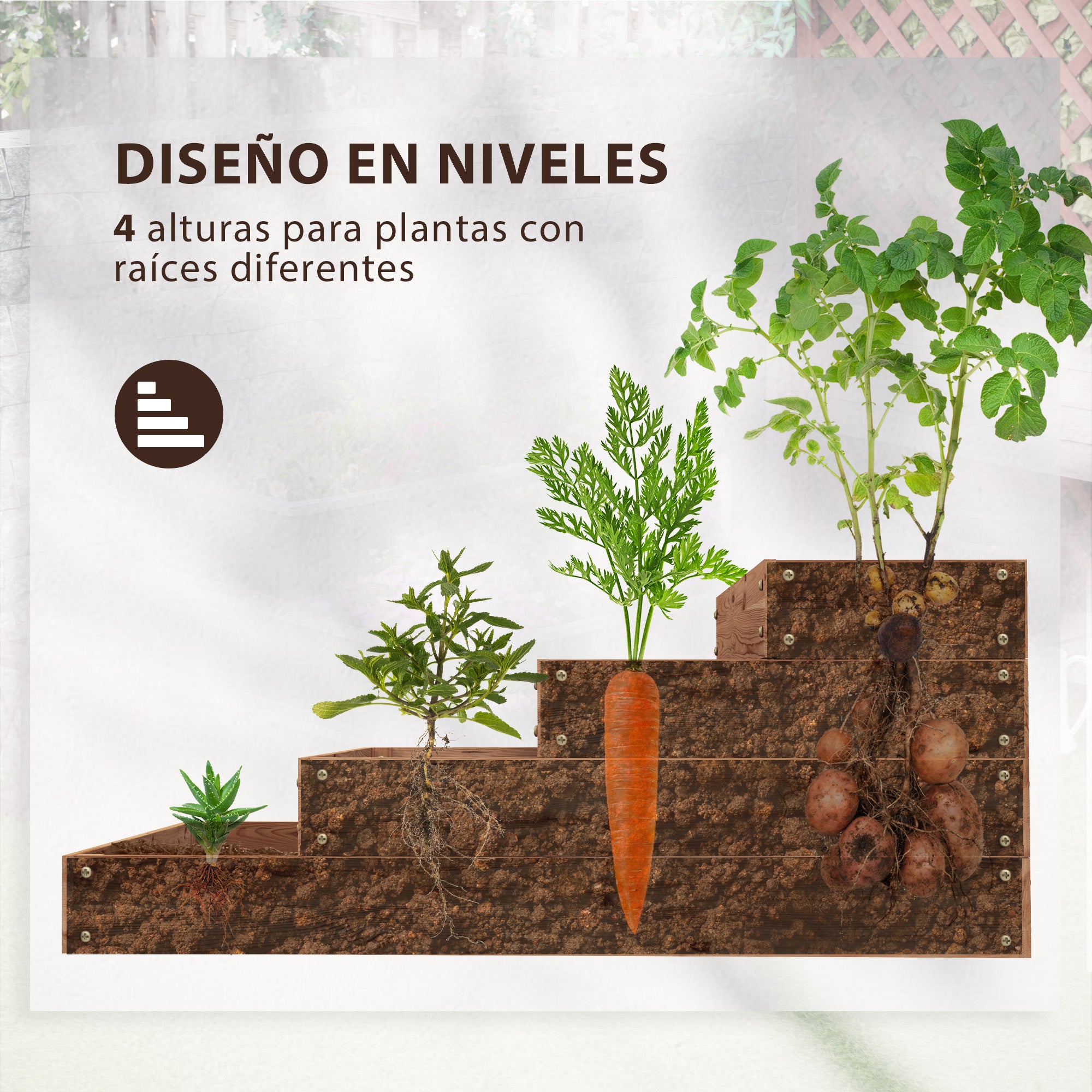 Outsunny Jardinera de Madera Elevada de 4 Niveles Jardinera Exterior Grande con Diseño de Escalera Huerto Urbano para Cultivos Plantas Flores para Patio Terraza Balcón 113x113x46 cm Café Oscuro