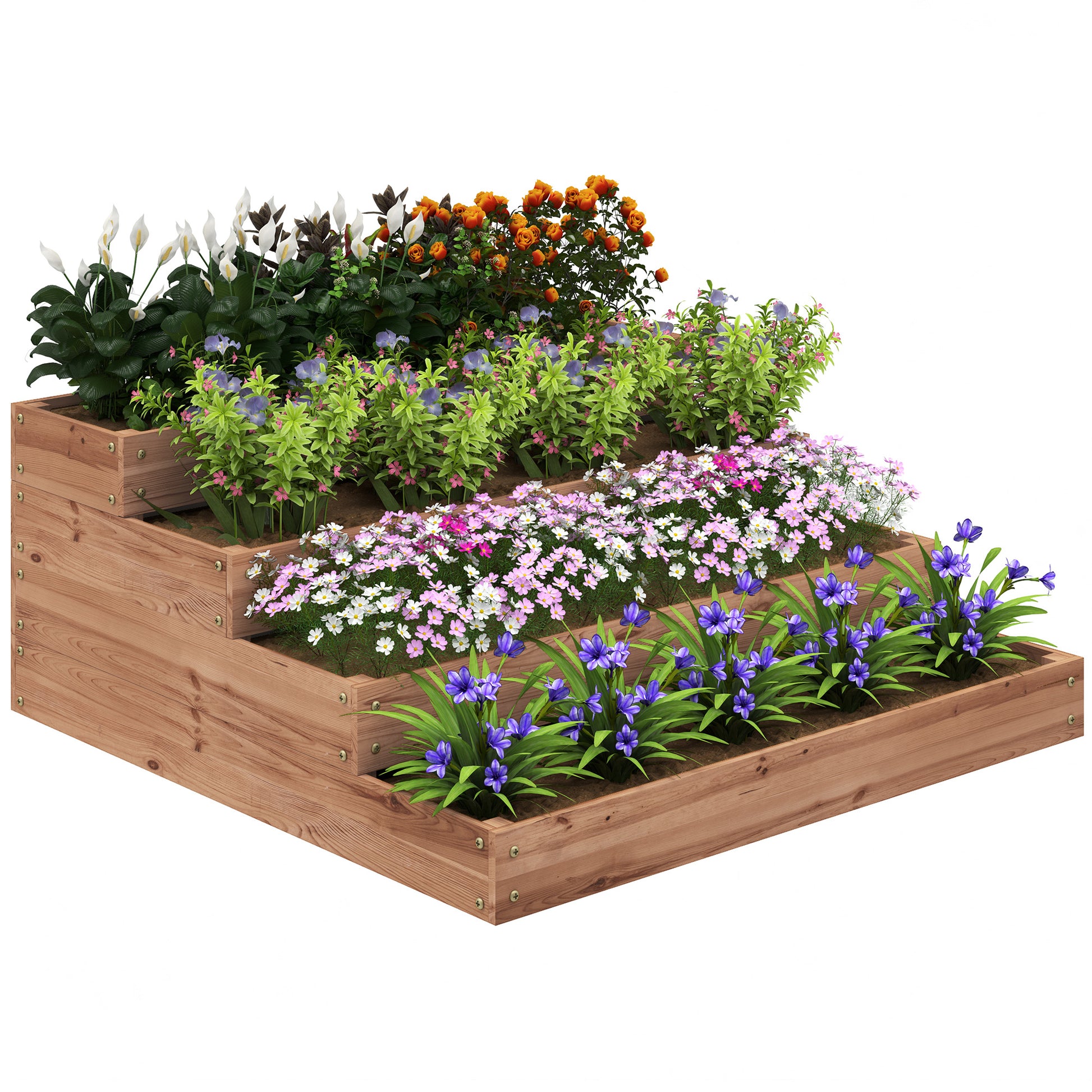 Outsunny Jardinera de Madera Elevada de 4 Niveles Jardinera Exterior Grande con Diseño de Escalera Huerto Urbano para Cultivos Plantas Flores para Patio Terraza Balcón 113x113x46 cm Café Oscuro