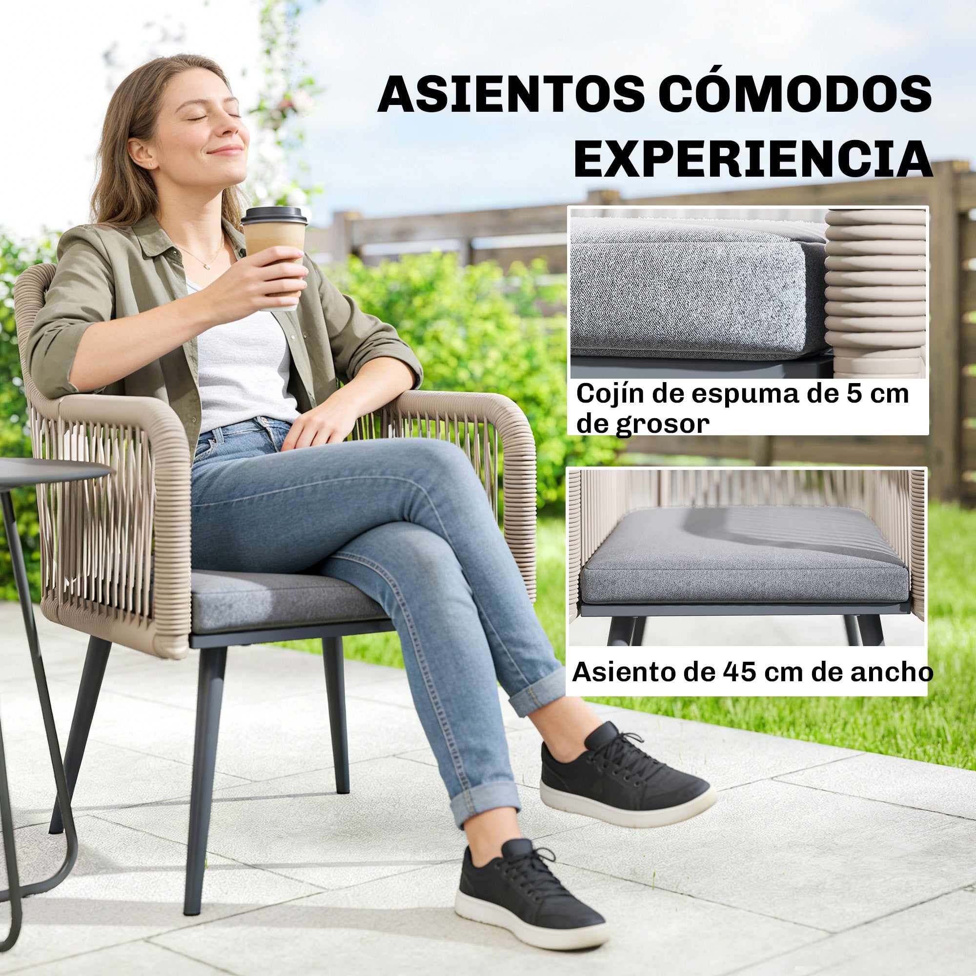 Outsunny Juego de 2 Sillas de Jardín Exterior de Ratán, Sillas Terraza Exterior con Cojines, Reposabrazos y Marco de Acero, Resistente a la Intemperie, para Balcón, Terraza, 54x65x80 cm, Gris Claro