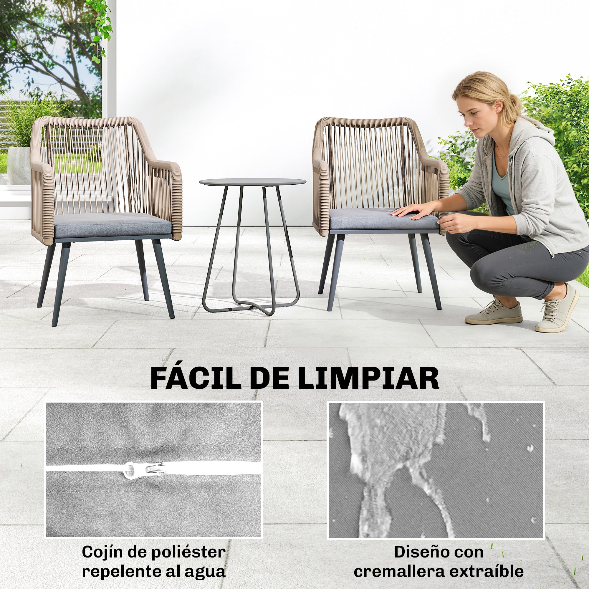 Outsunny Juego de 2 Sillas de Jardín Exterior de Ratán, Sillas Terraza Exterior con Cojines, Reposabrazos y Marco de Acero, Resistente a la Intemperie, para Balcón, Terraza, 54x65x80 cm, Gris Claro